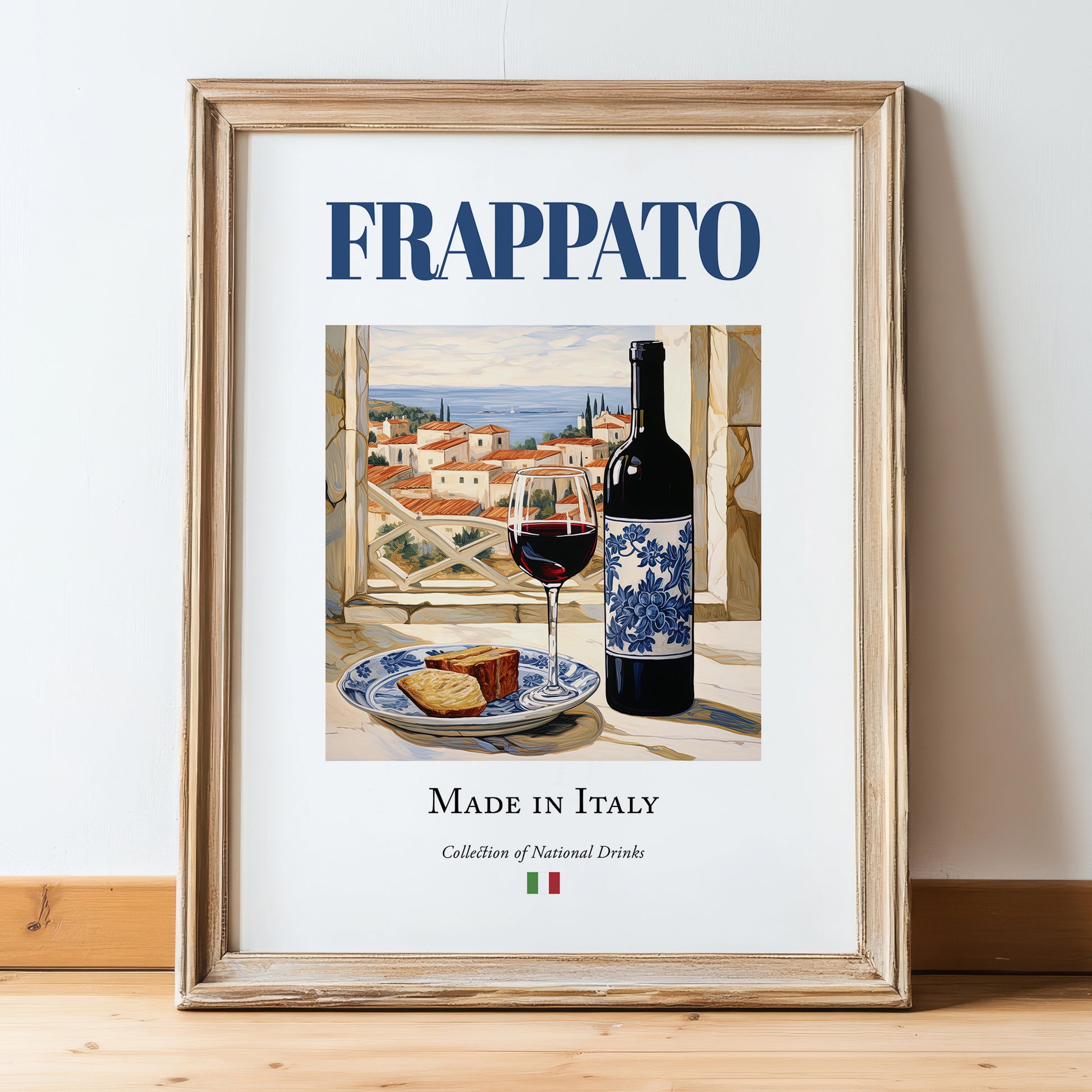 Frappato – Italian Red Wine, Wine Bar Poster, in wooden frame leaning on the floor