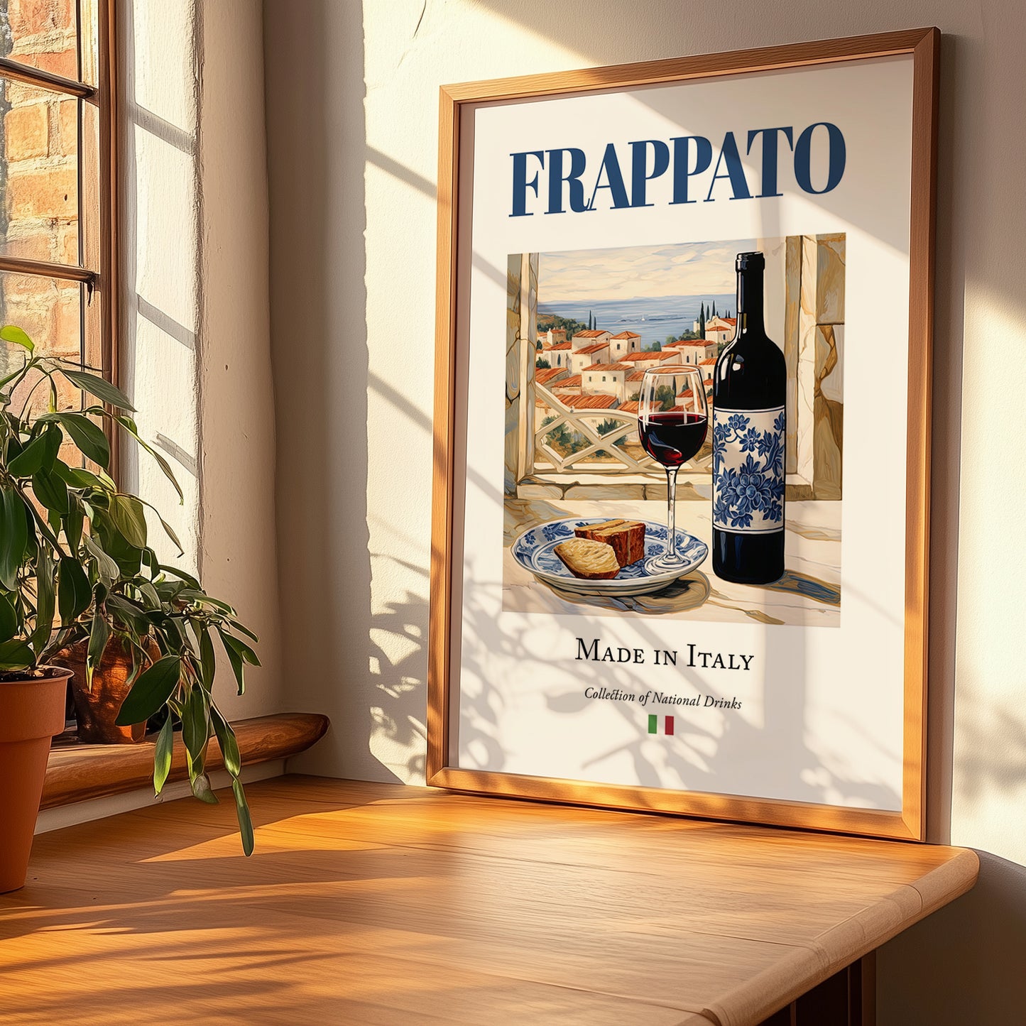 Frappato – Italian Red Wine, Wine Bar Poster, no-text version framed in wood