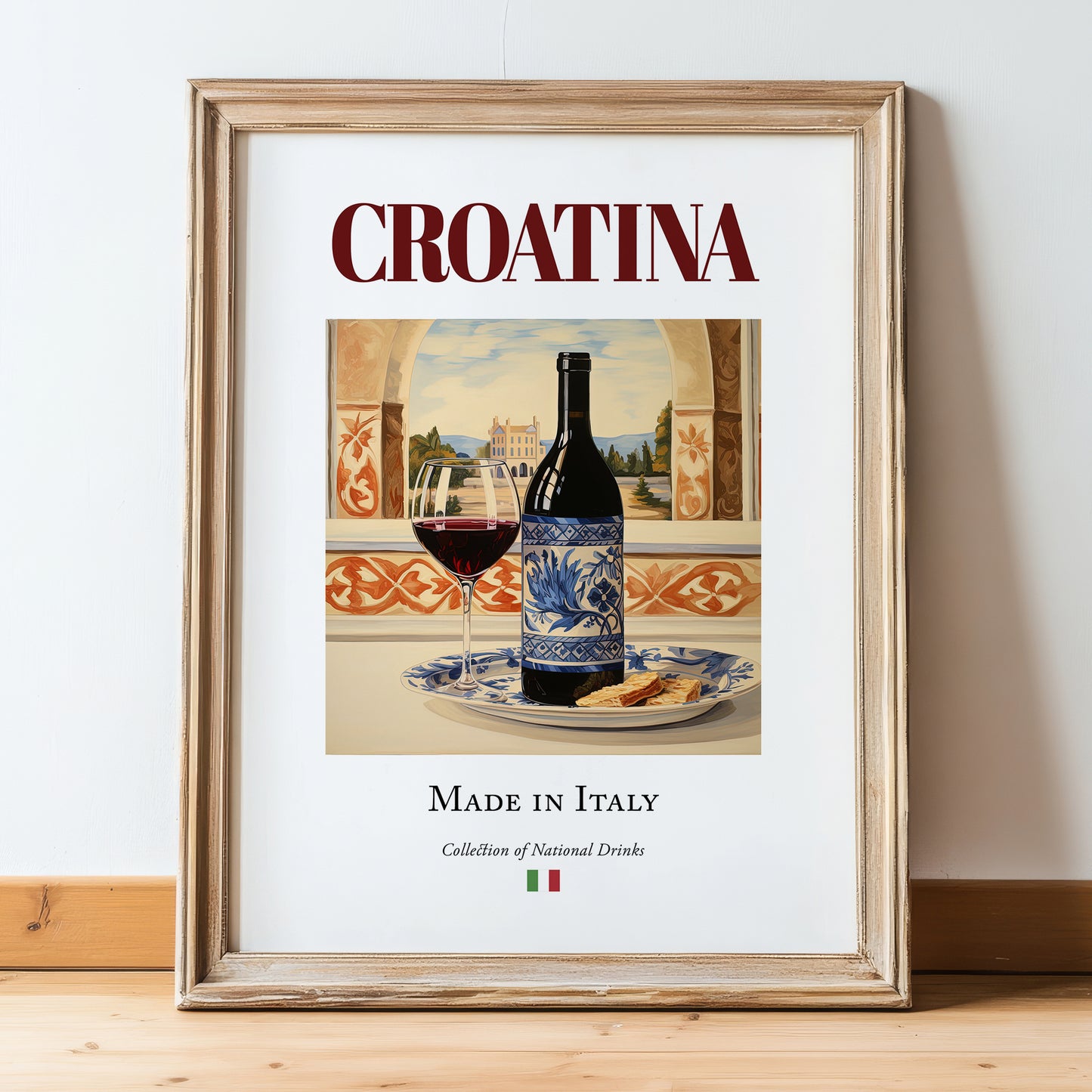 Croatina – Italian Red Wine, Vineyard Terrace Illustration, in wooden frame leaning on the floor