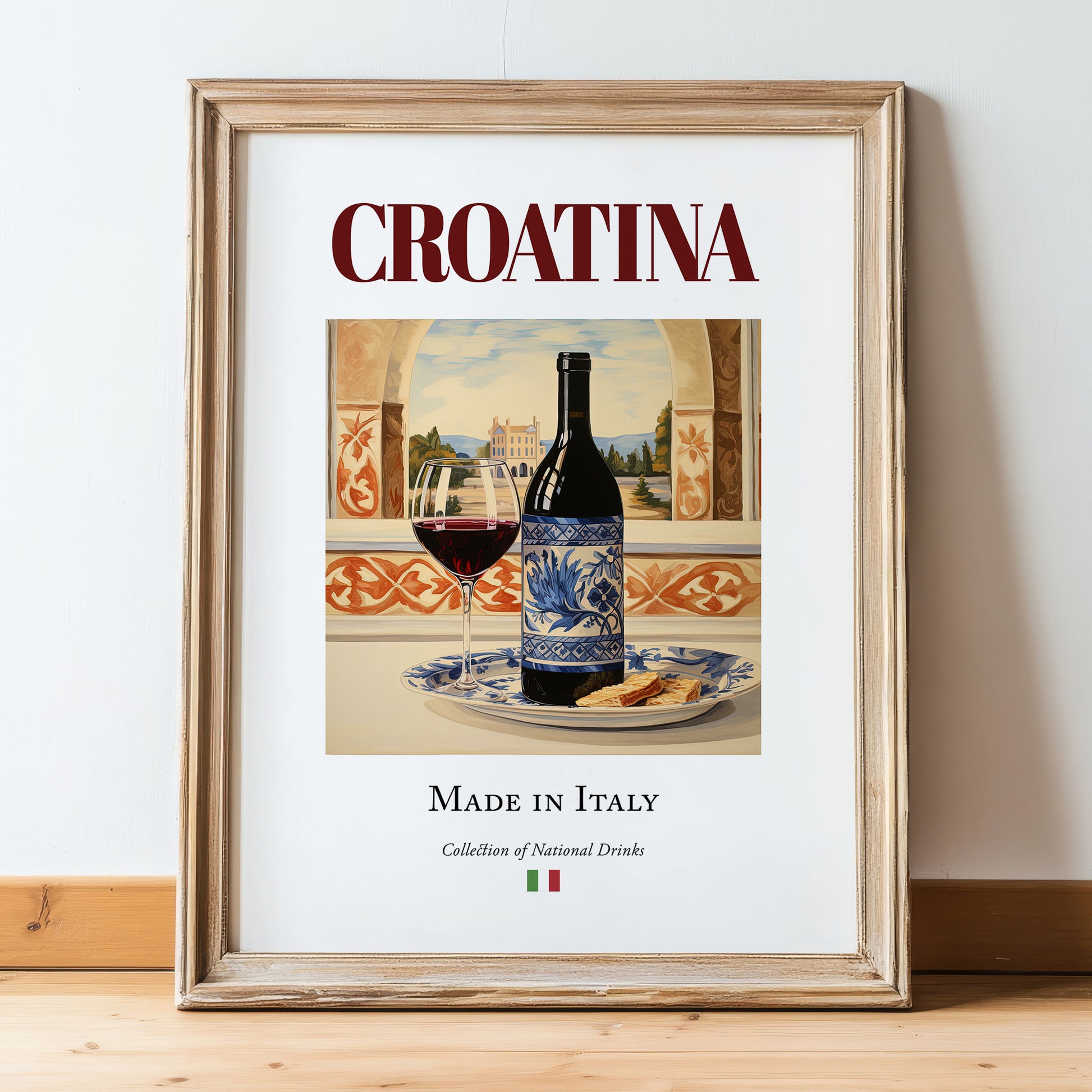 Croatina – Italian Red Wine, Vineyard Terrace Illustration, in wooden frame leaning on the floor