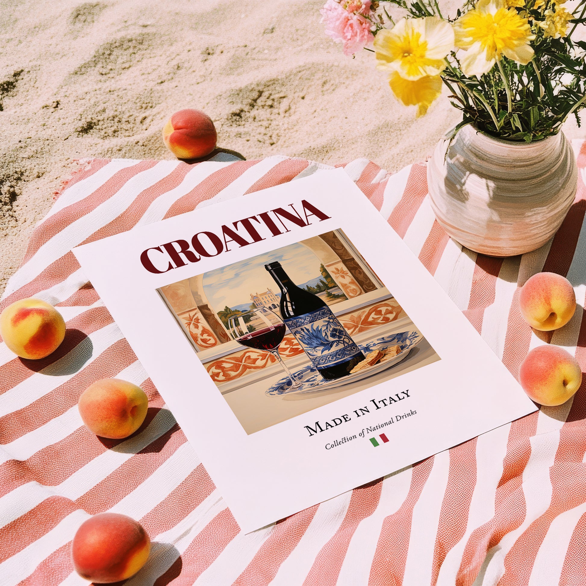 Croatina – Italian Red Wine, Vineyard Terrace Illustration, unframed on coastal sand