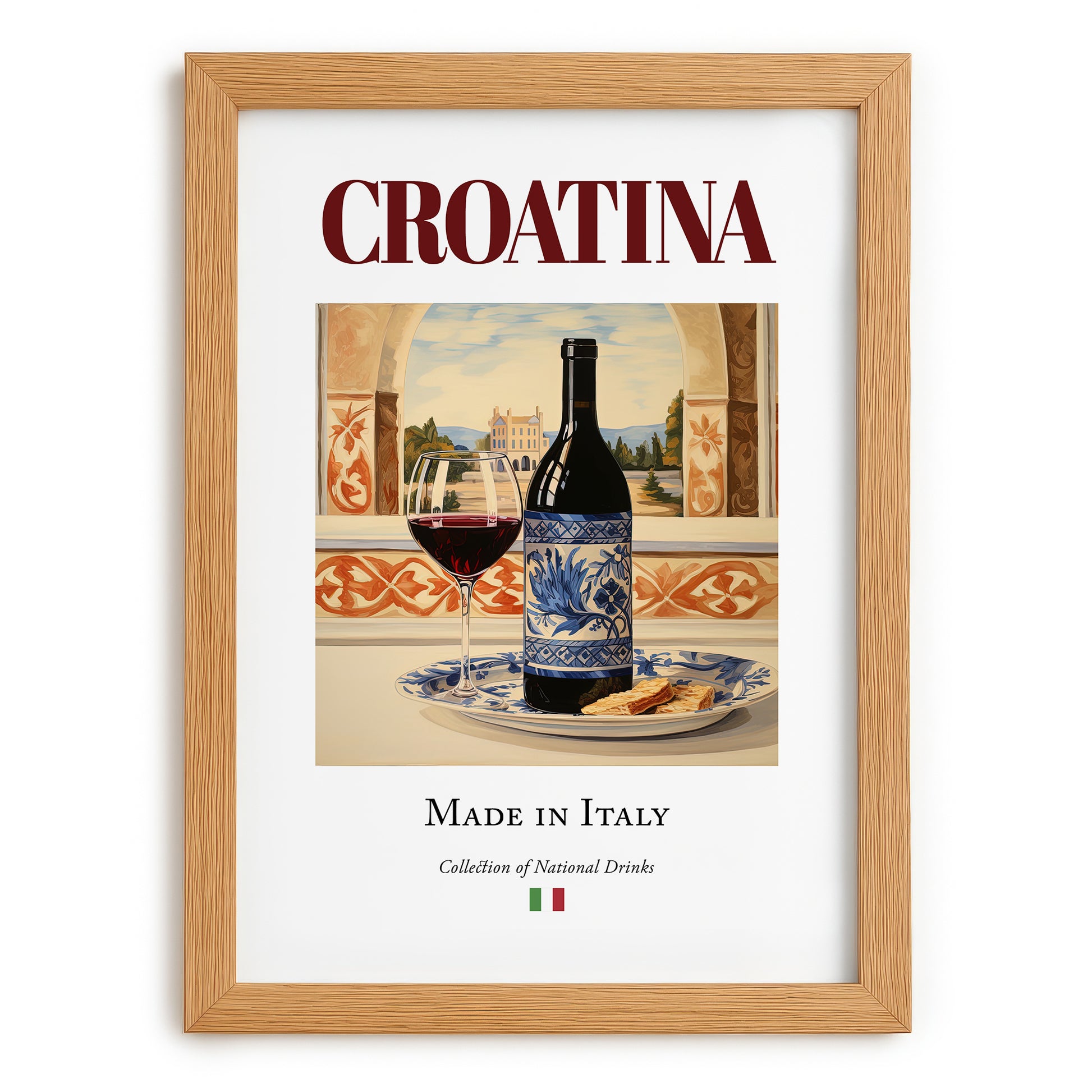 Croatina – Italian Red Wine, Vineyard Terrace Illustration, set in oak frame