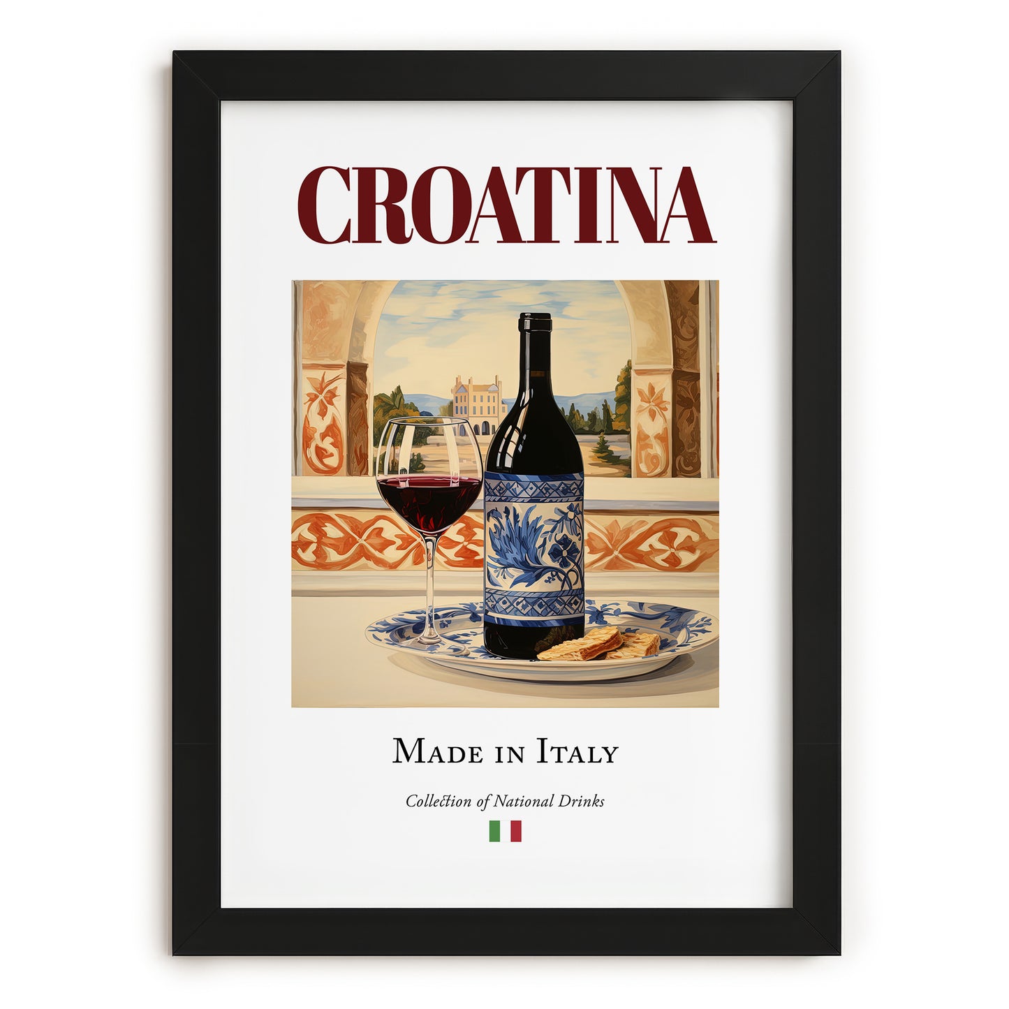 Croatina – Italian Red Wine, Vineyard Terrace Illustration, in sleek black frame