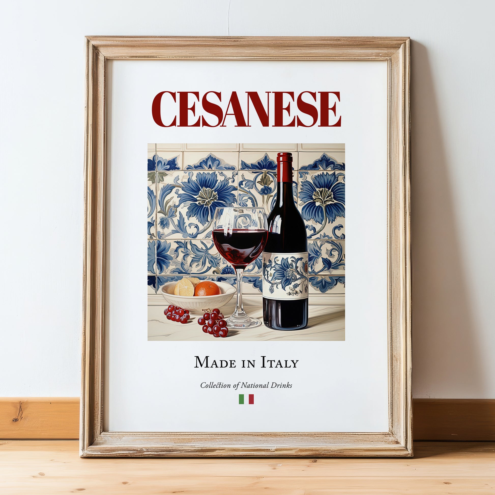 Cesanese – Italian Red Wine, Wine Bar Poster, in wooden frame leaning on the floor