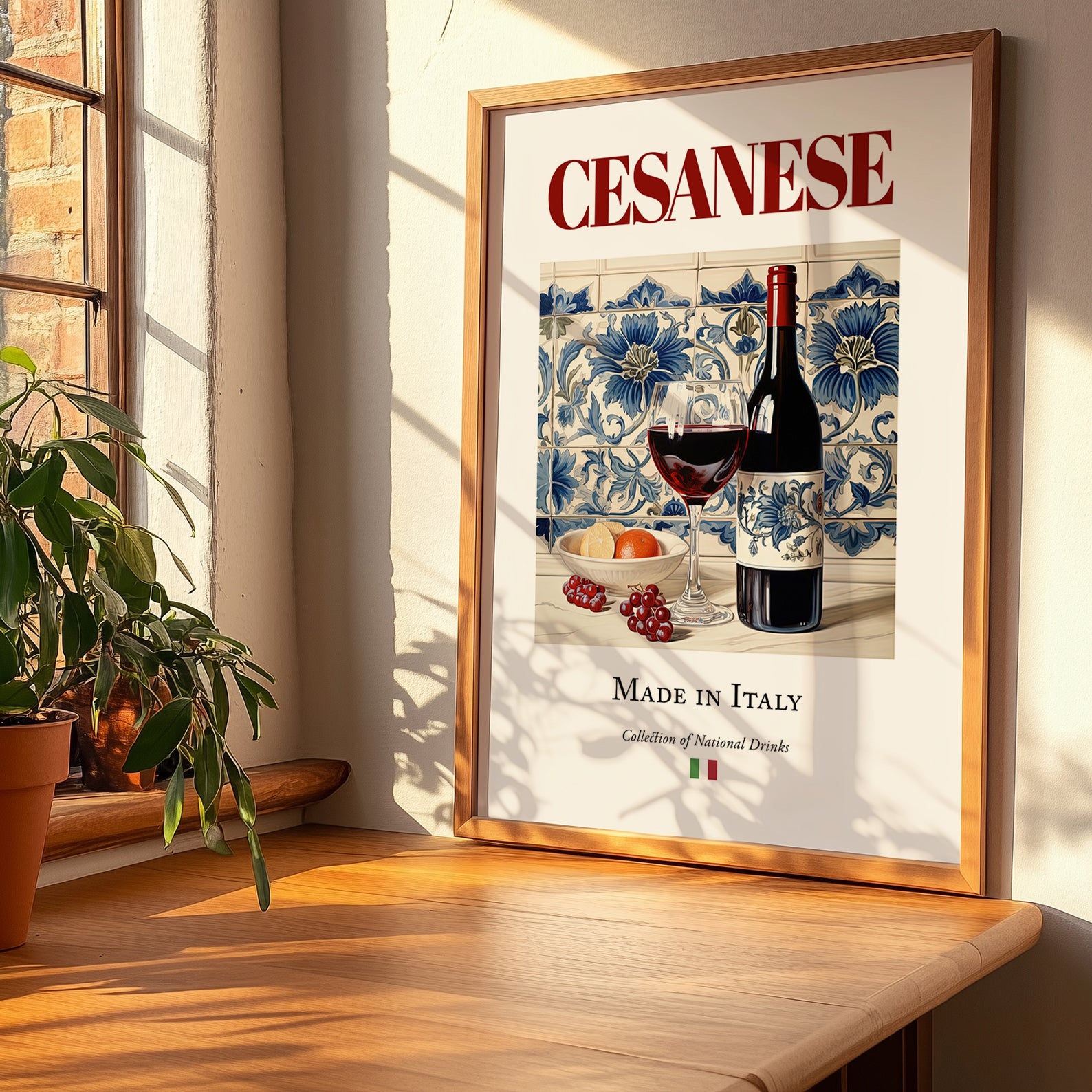 Cesanese – Italian Red Wine, Wine Bar Poster, no-text version framed in wood