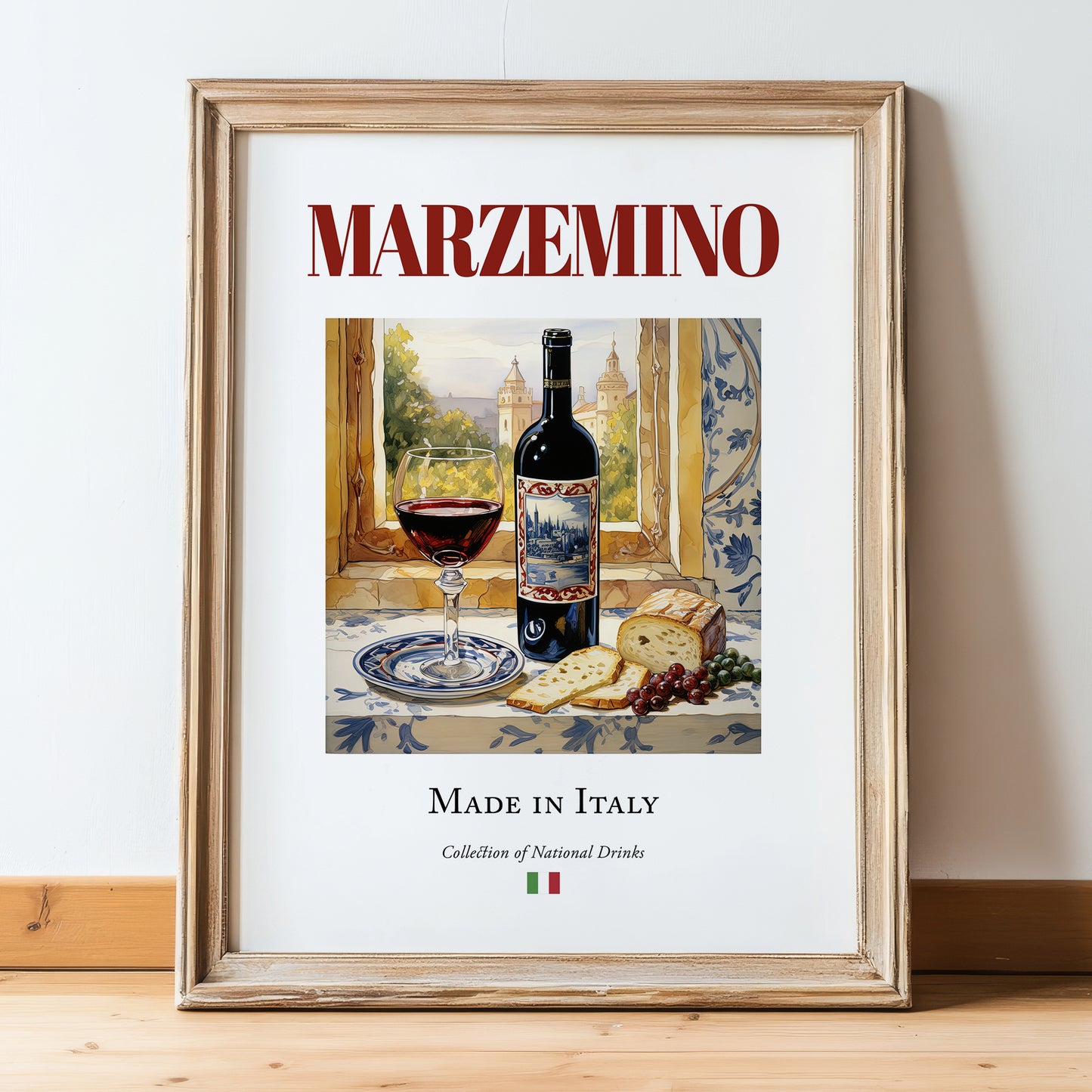 Marzemino – Italian Red Wine, Vinoteca Print, in wooden frame leaning on the floor