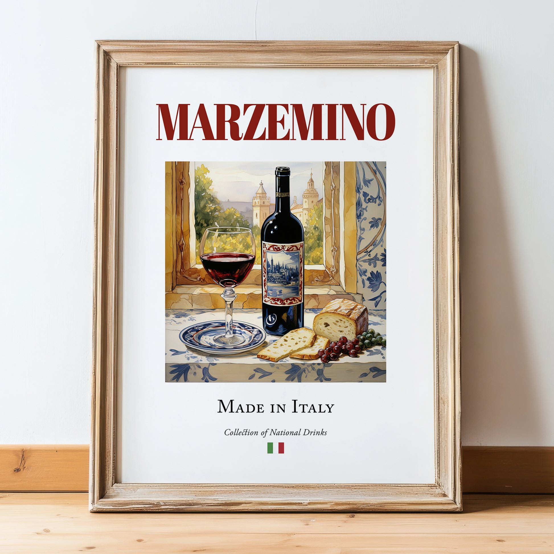 Marzemino – Italian Red Wine, Vinoteca Print, in wooden frame leaning on the floor