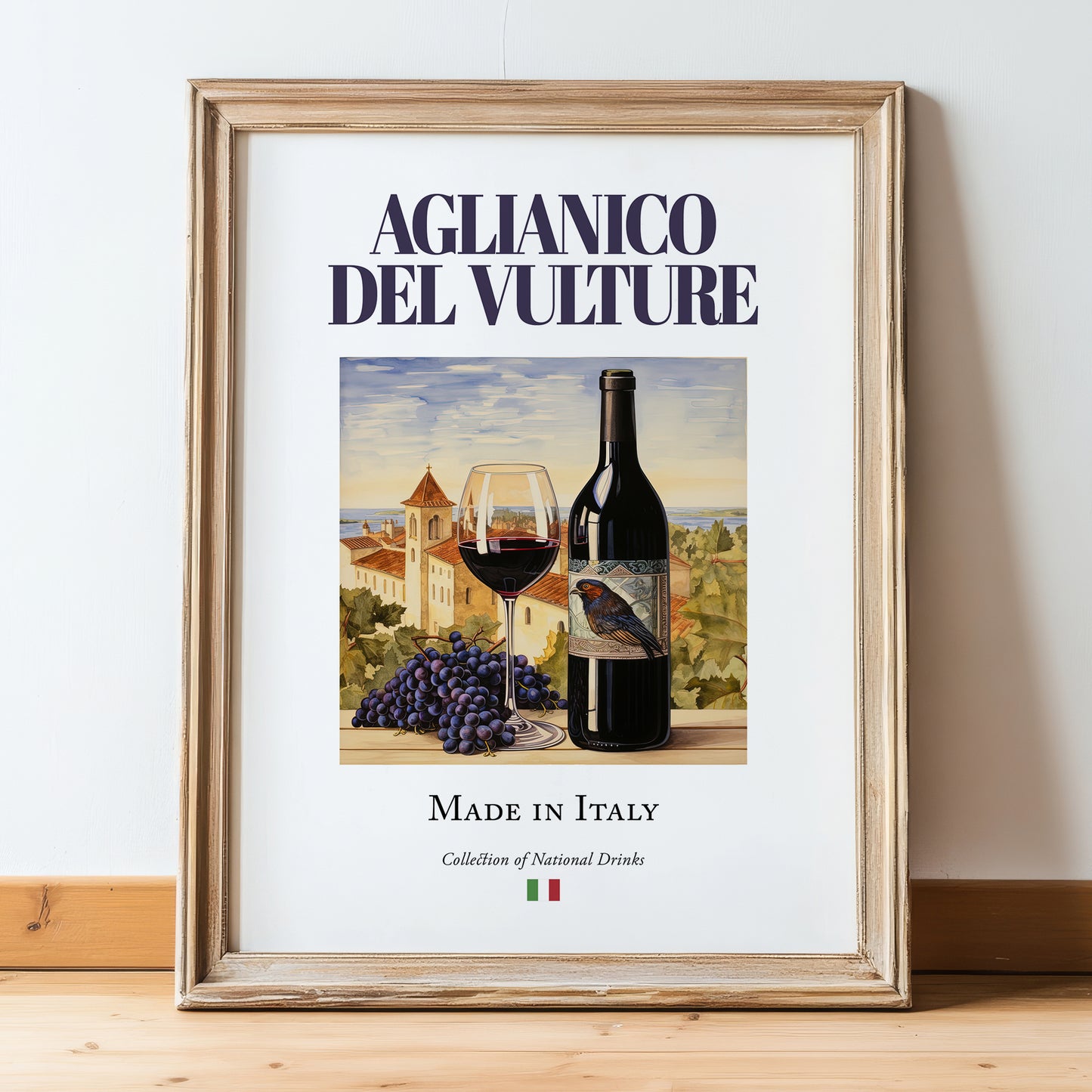 Aglianico del Vulture – Italian Red Wine, Enoteca Painting, in wooden frame leaning on the floor