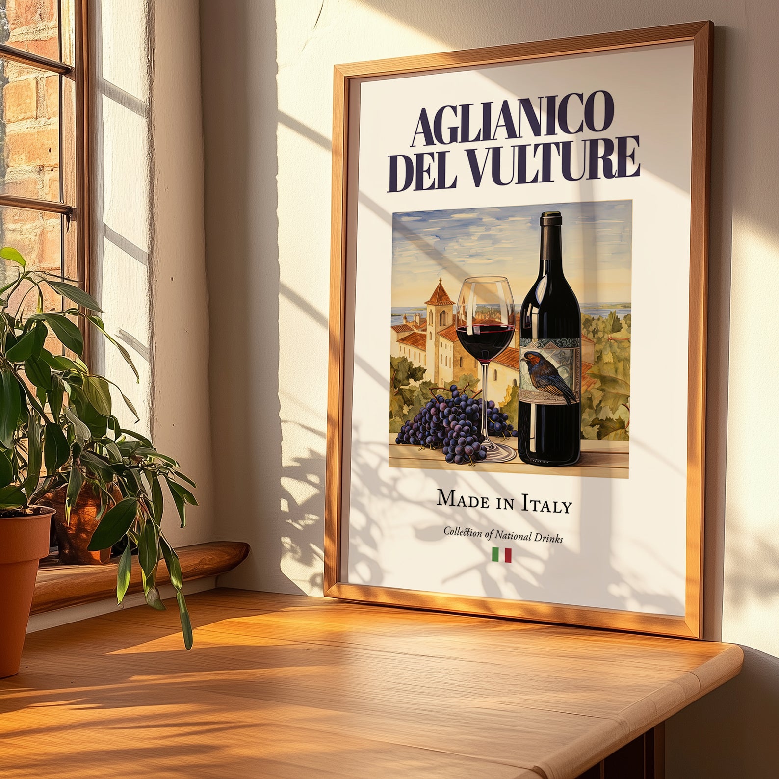 Aglianico del Vulture – Italian Red Wine, Enoteca Painting, no-text version framed in wood