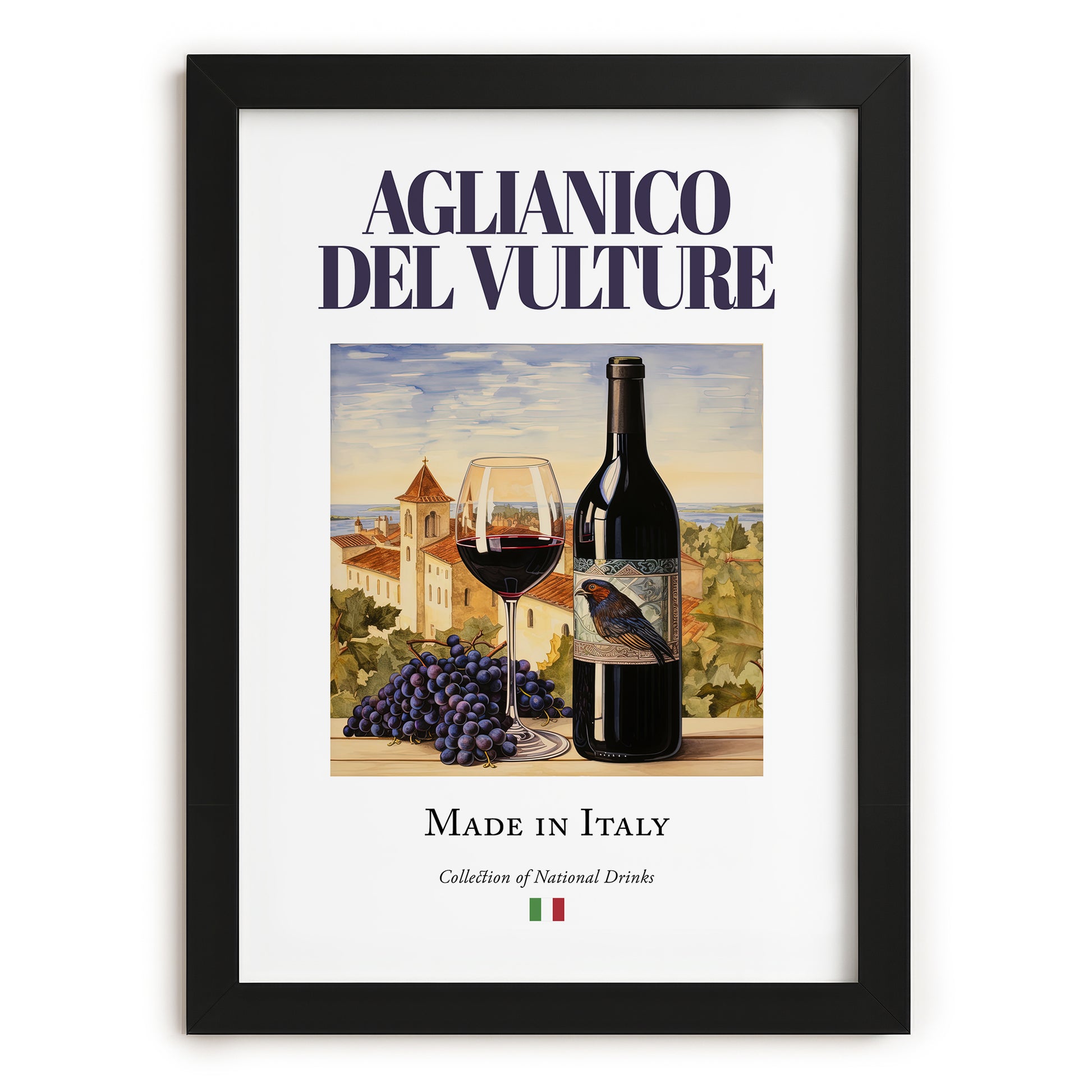 Aglianico del Vulture – Italian Red Wine, Enoteca Painting, in sleek black frame