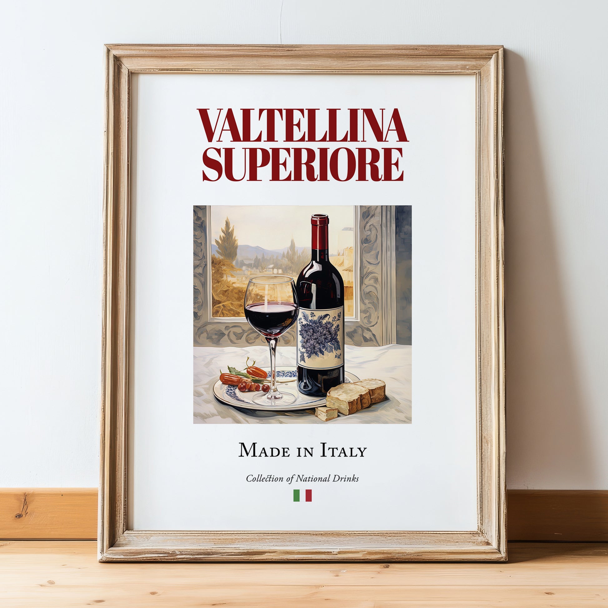 Valtellina Superiore – Italian Red Wine, Tasting Room Illustration, in wooden frame leaning on the floor