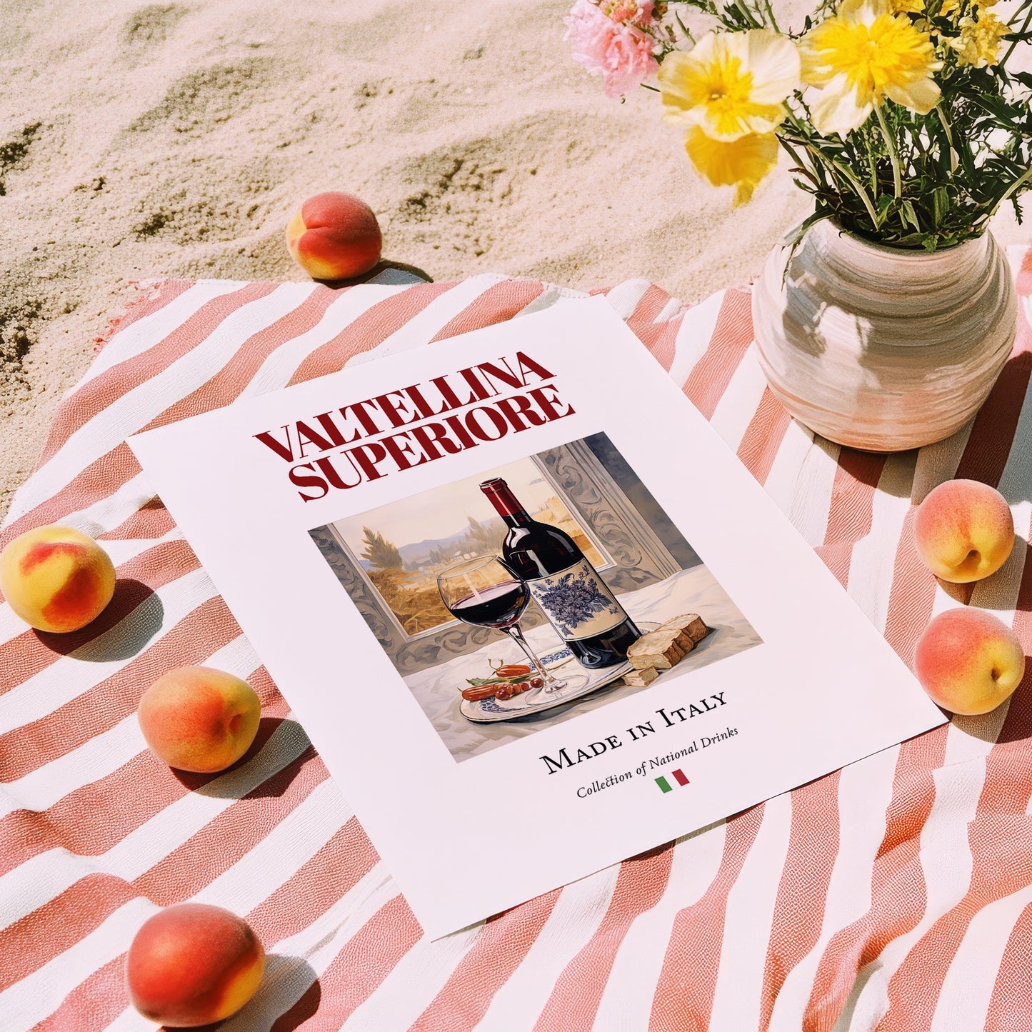 Valtellina Superiore – Italian Red Wine, Tasting Room Illustration, unframed on coastal sand