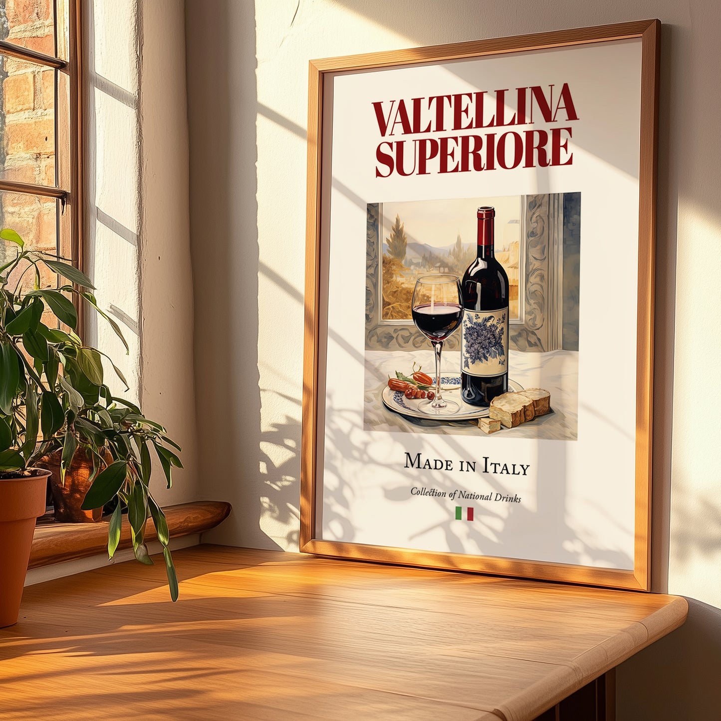 Valtellina Superiore – Italian Red Wine, Tasting Room Illustration, no-text version framed in wood