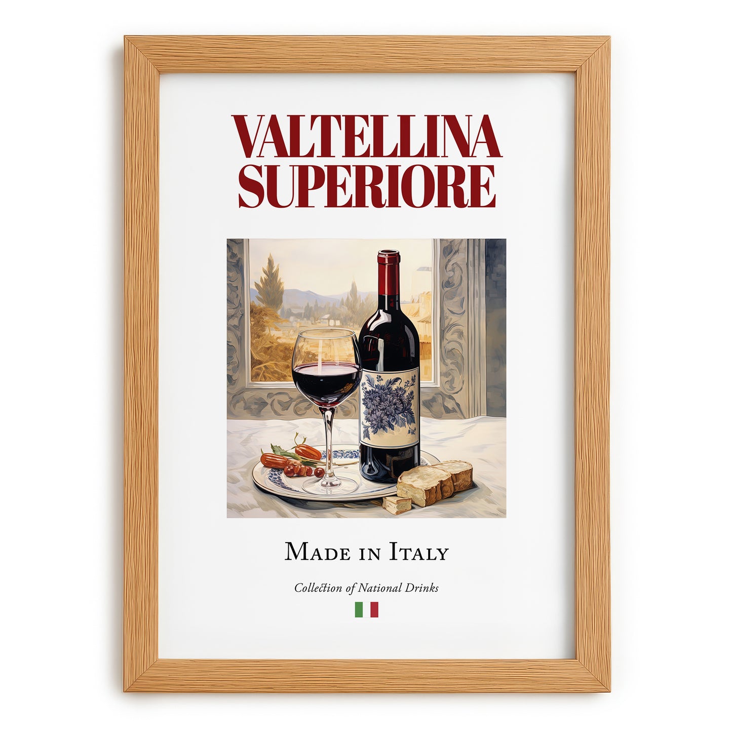 Valtellina Superiore – Italian Red Wine, Tasting Room Illustration, set in oak frame
