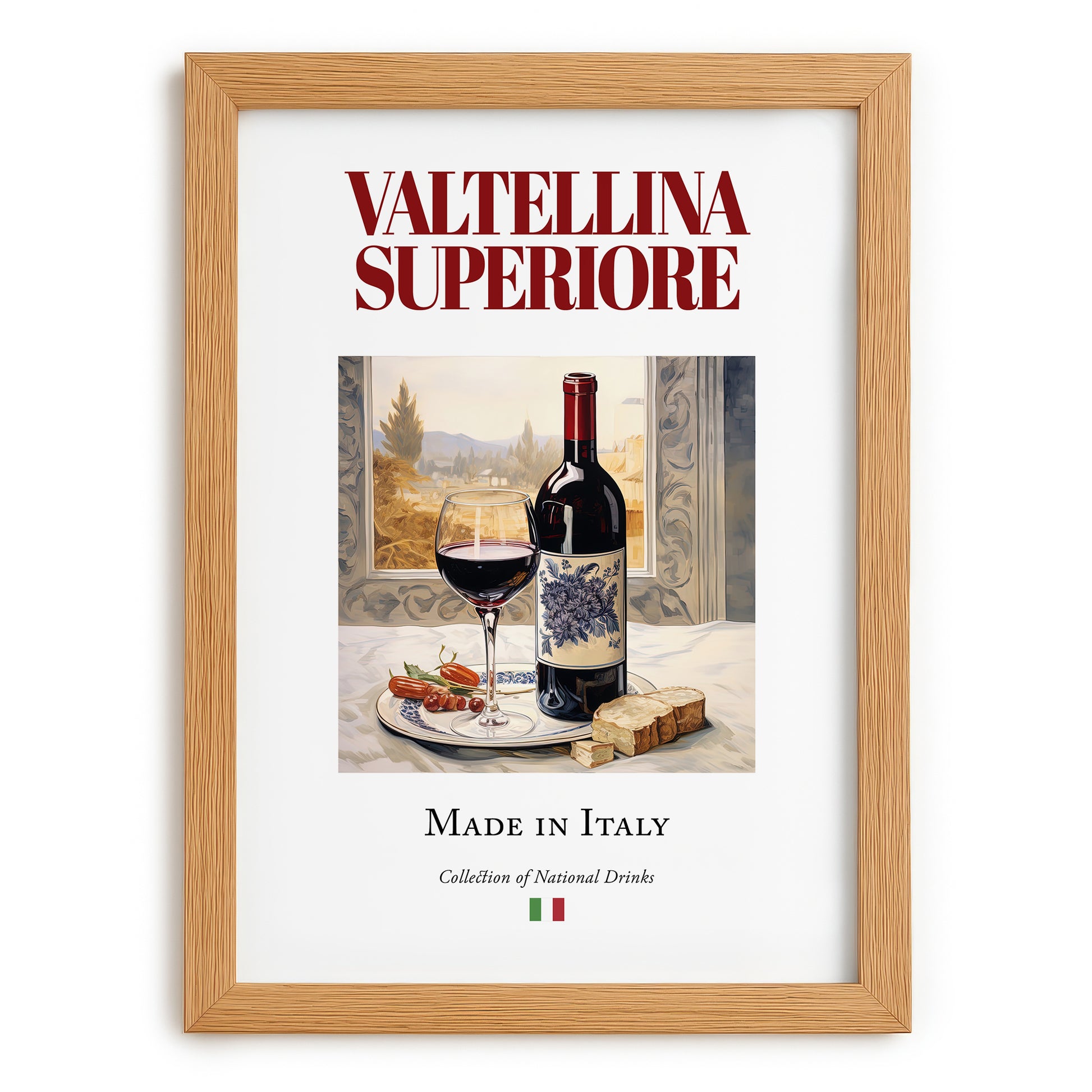 Valtellina Superiore – Italian Red Wine, Tasting Room Illustration, set in oak frame