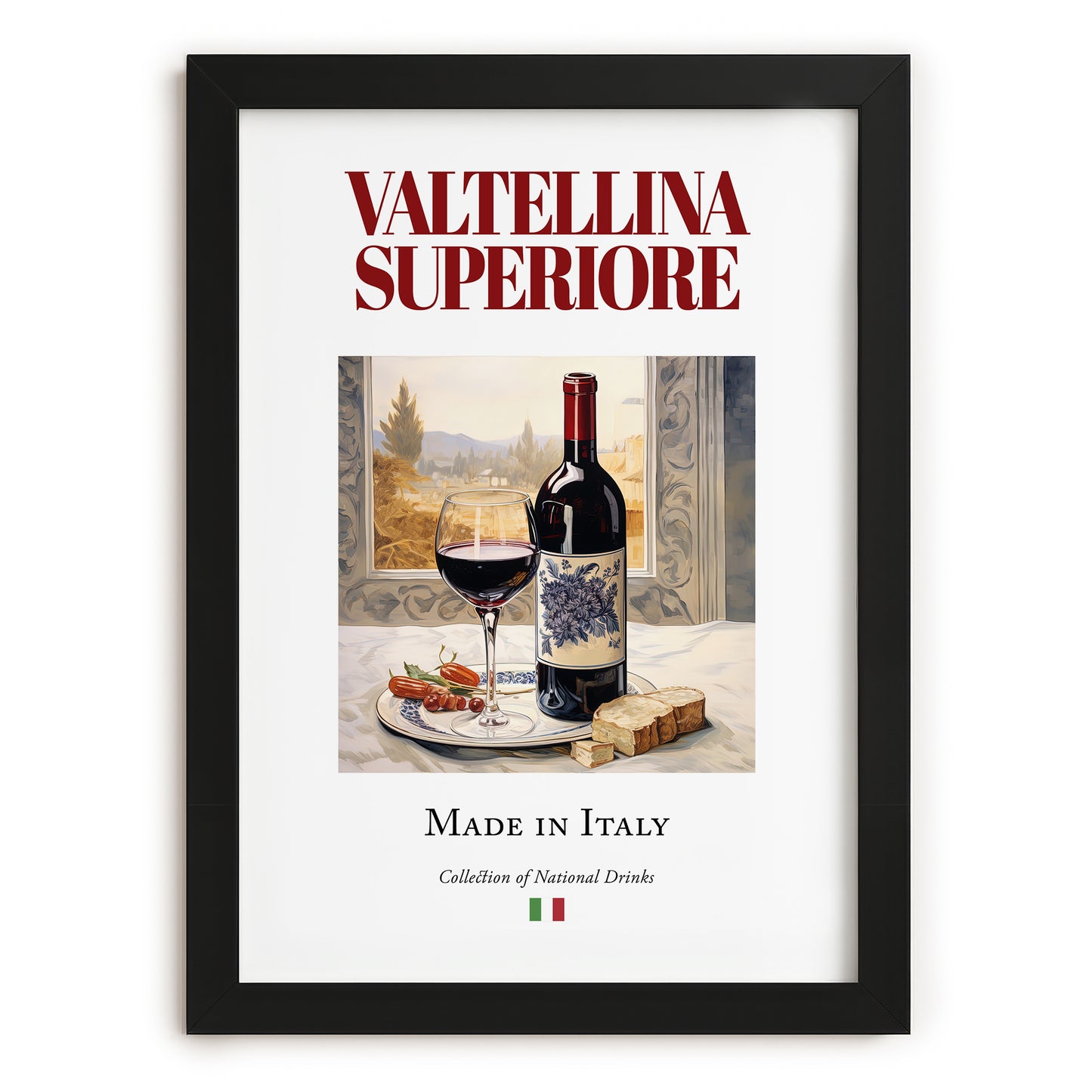 Valtellina Superiore – Italian Red Wine, Tasting Room Illustration, in sleek black frame