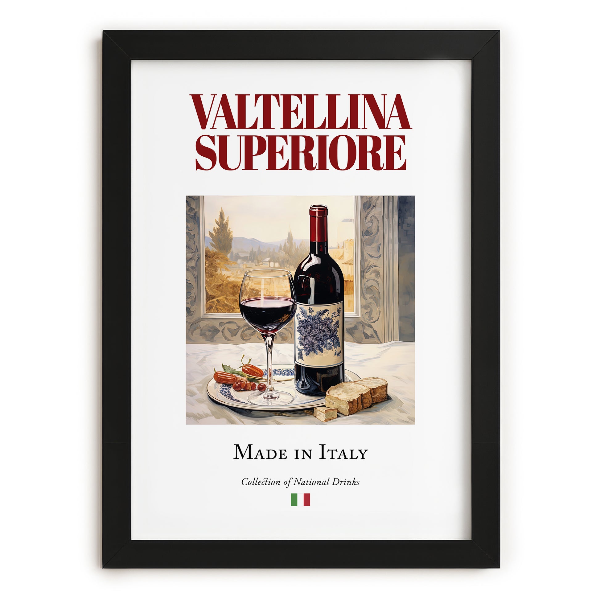 Valtellina Superiore – Italian Red Wine, Tasting Room Illustration, in sleek black frame
