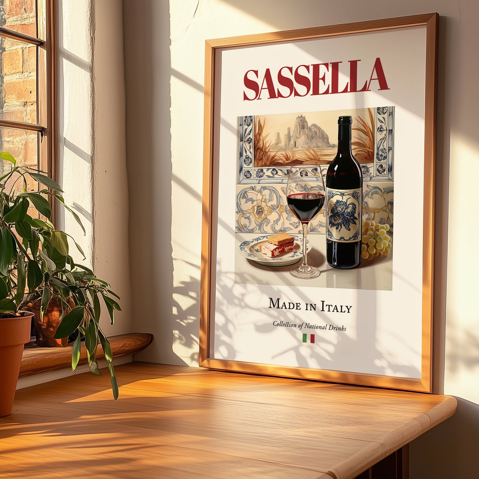 Sassella – Italian Red Wine, Vinoteca Still Life, no-text version framed in wood