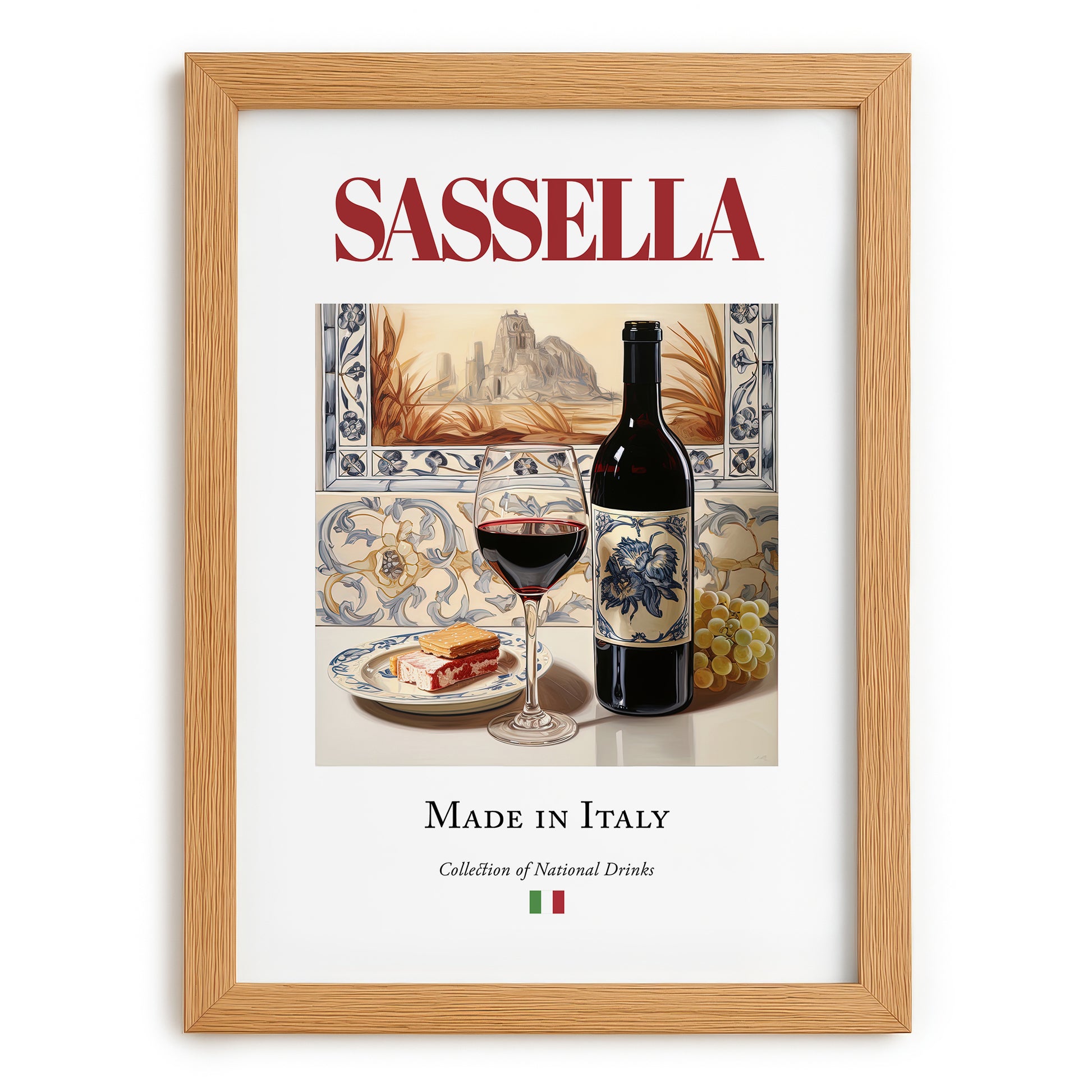 Sassella – Italian Red Wine, Vinoteca Still Life, set in oak frame