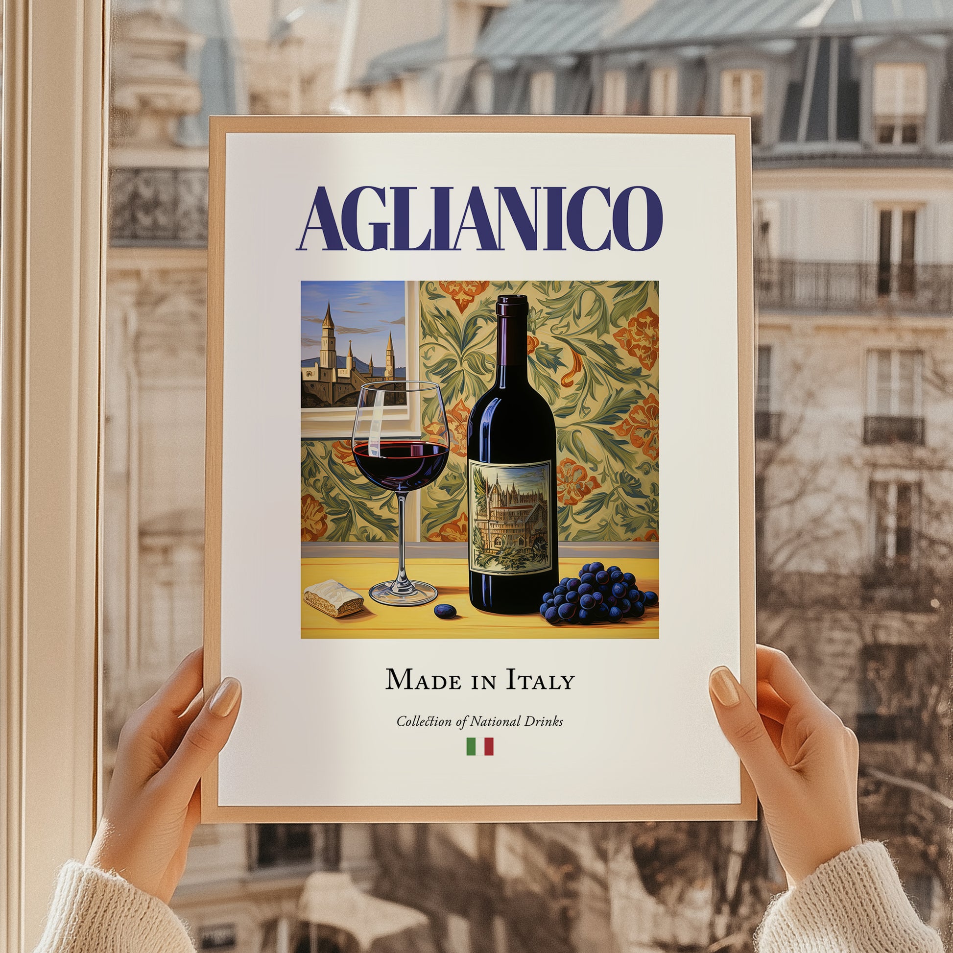 Aglianico – Italian Red Wine, Vinoteca Poster, styled in a charming Paris street view