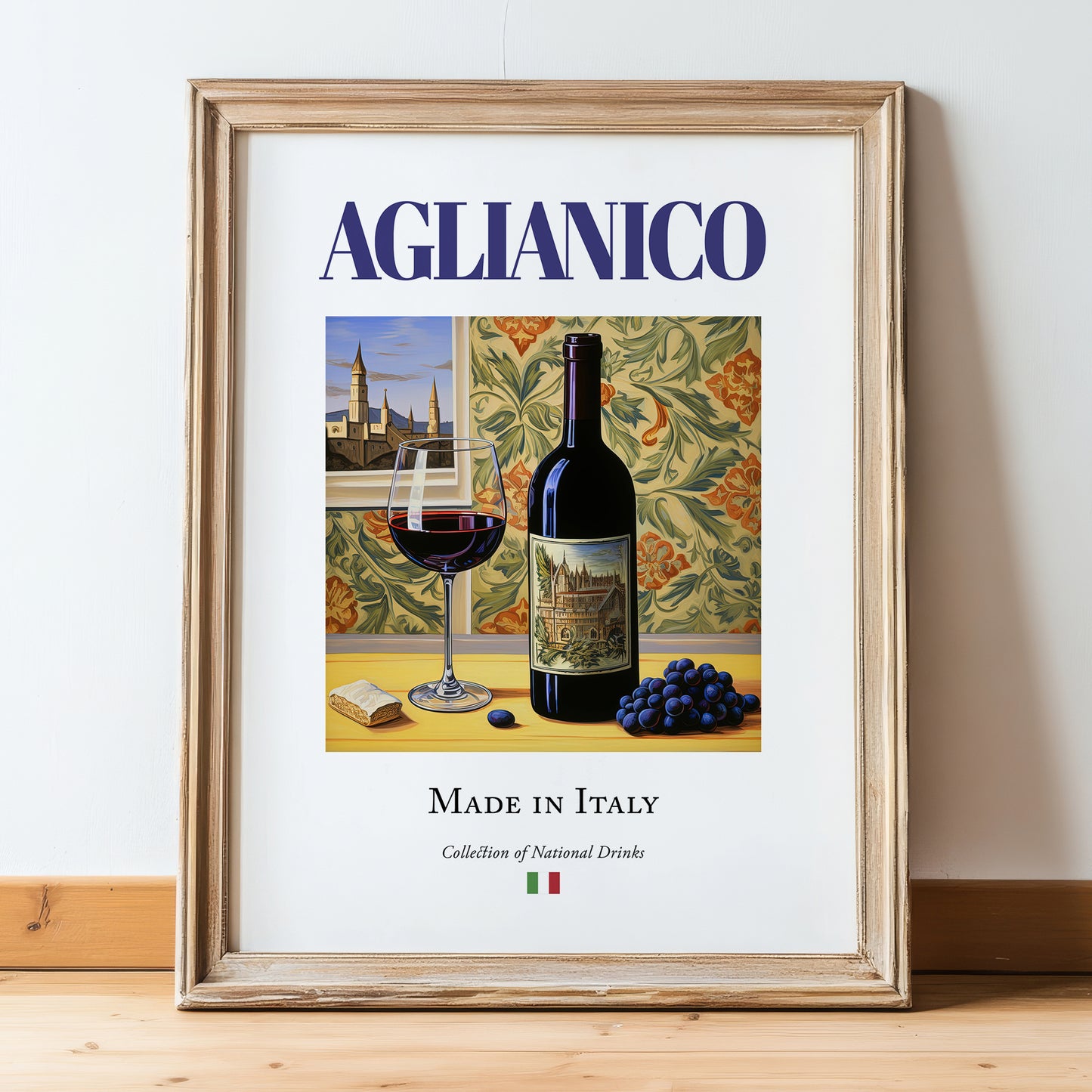 Aglianico – Italian Red Wine, Vinoteca Poster, in wooden frame leaning on the floor