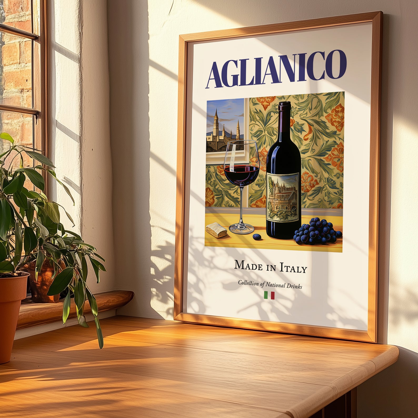 Aglianico – Italian Red Wine, Vinoteca Poster, no-text version framed in wood