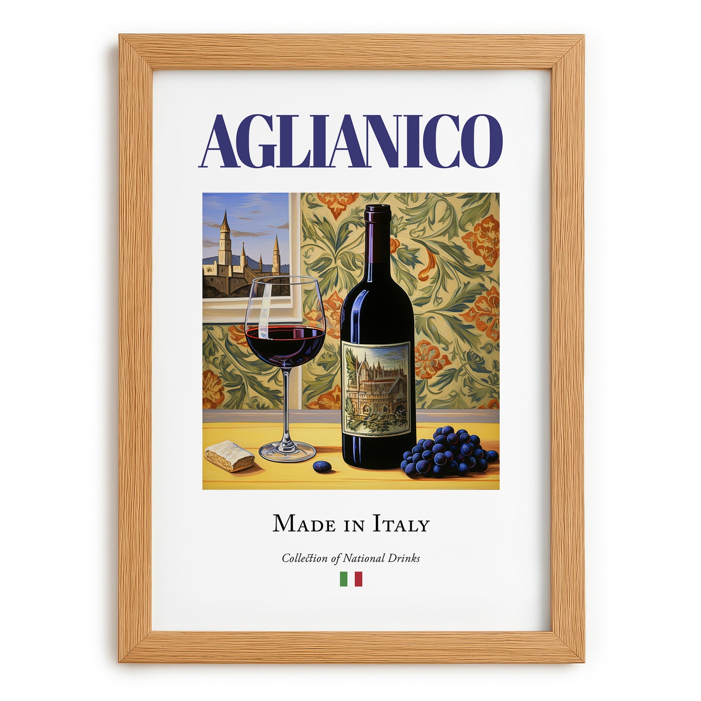 Aglianico – Italian Red Wine, Vinoteca Poster, set in oak frame