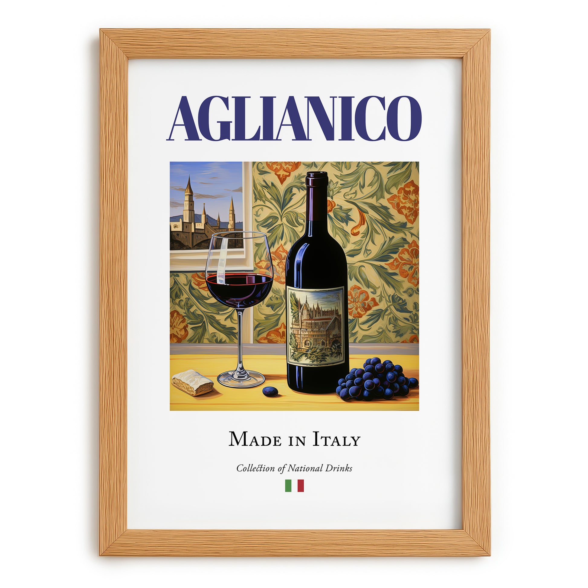 Aglianico – Italian Red Wine, Vinoteca Poster, set in oak frame