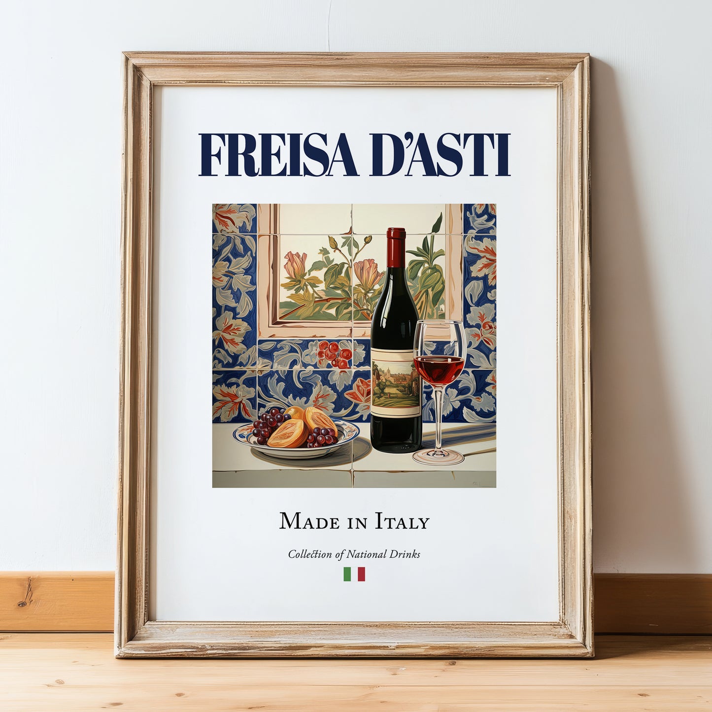 Freisa d’Asti – Italian Red Wine, Tasting Room Poster, in wooden frame leaning on the floor
