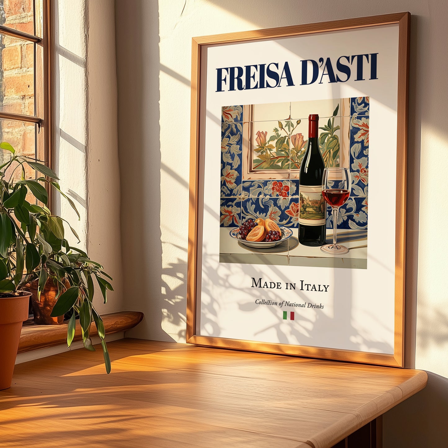 Freisa d’Asti – Italian Red Wine, Tasting Room Poster, no-text version framed in wood