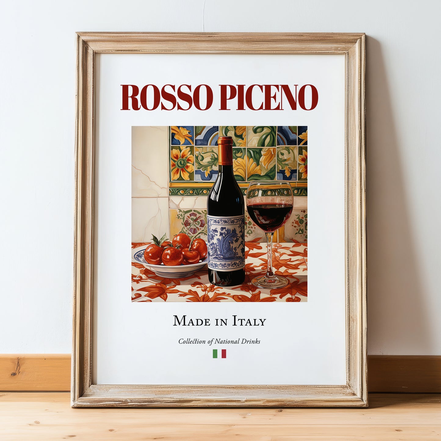 Rosso Piceno – Italian Red Wine, Vineyard Terrace Print, in wooden frame leaning on the floor