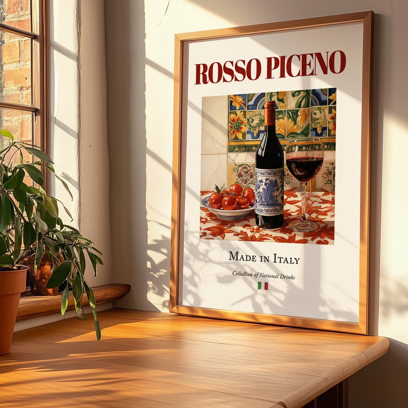 Rosso Piceno – Italian Red Wine, Vineyard Terrace Print, no-text version framed in wood