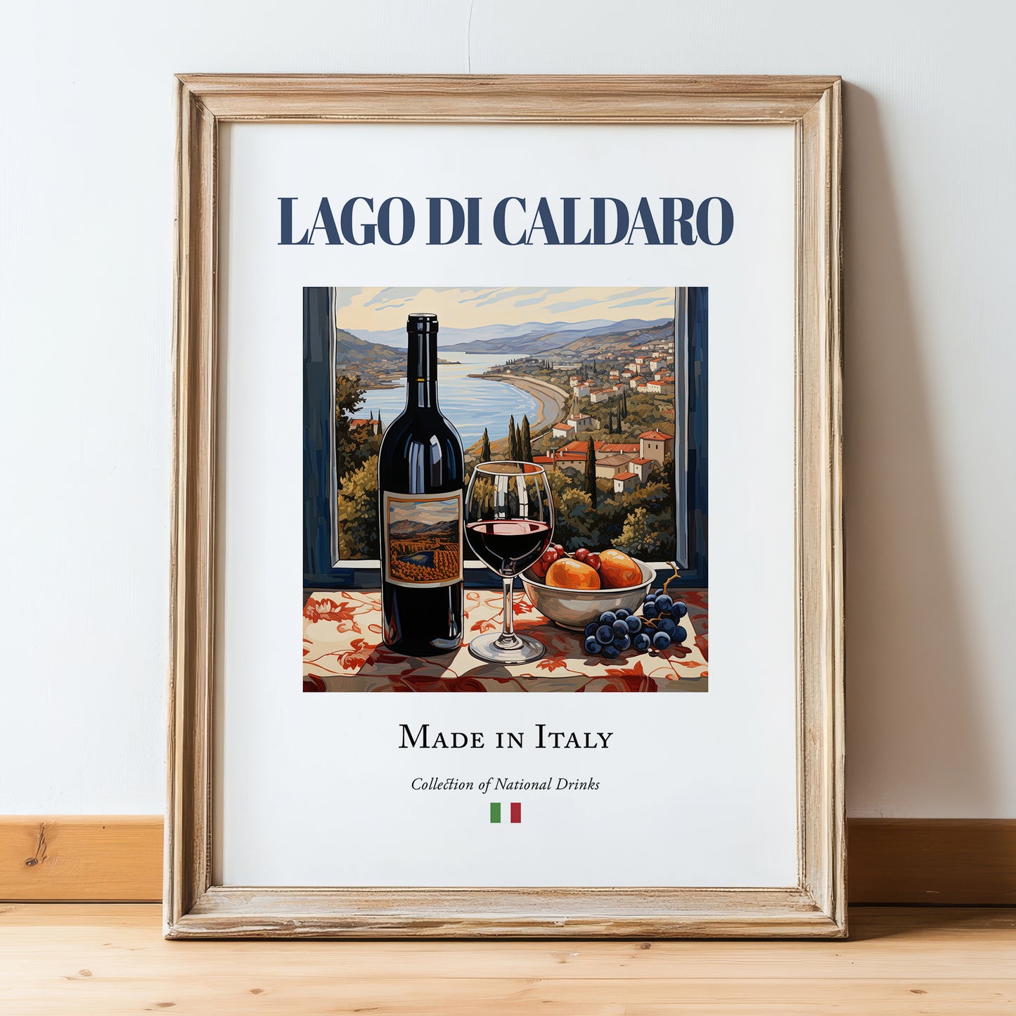 Lago di Caldaro – Italian Red Wine, Bodega Painting, in wooden frame leaning on the floor