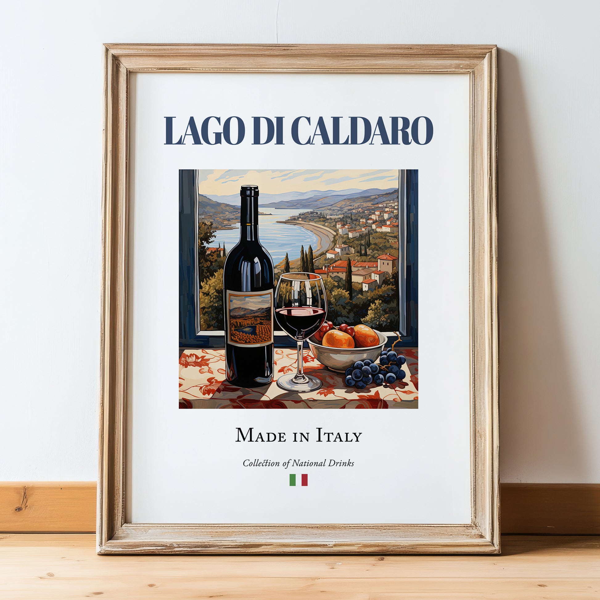 Lago di Caldaro – Italian Red Wine, Bodega Painting, in wooden frame leaning on the floor