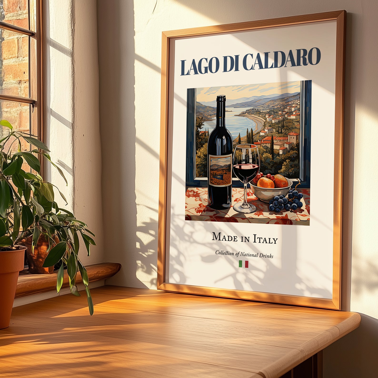 Lago di Caldaro – Italian Red Wine, Bodega Painting, no-text version framed in wood