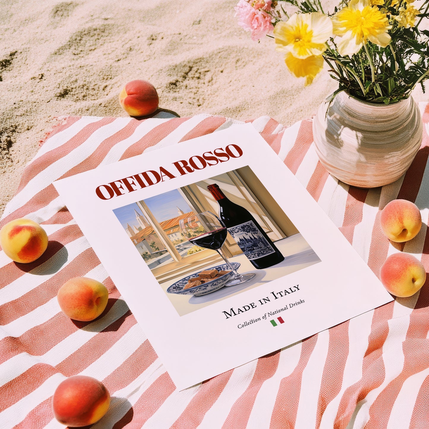 Offida Rosso – Italian Red Wine, Wine Bar Painting, unframed on coastal sand