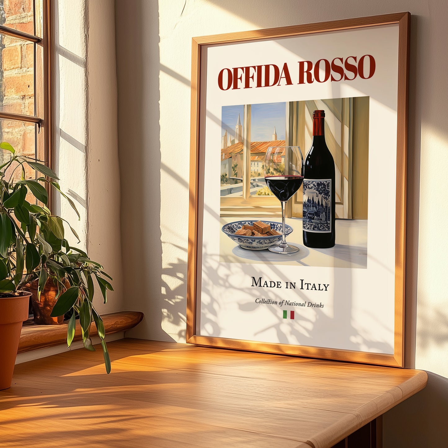 Offida Rosso – Italian Red Wine, Wine Bar Painting, no-text version framed in wood