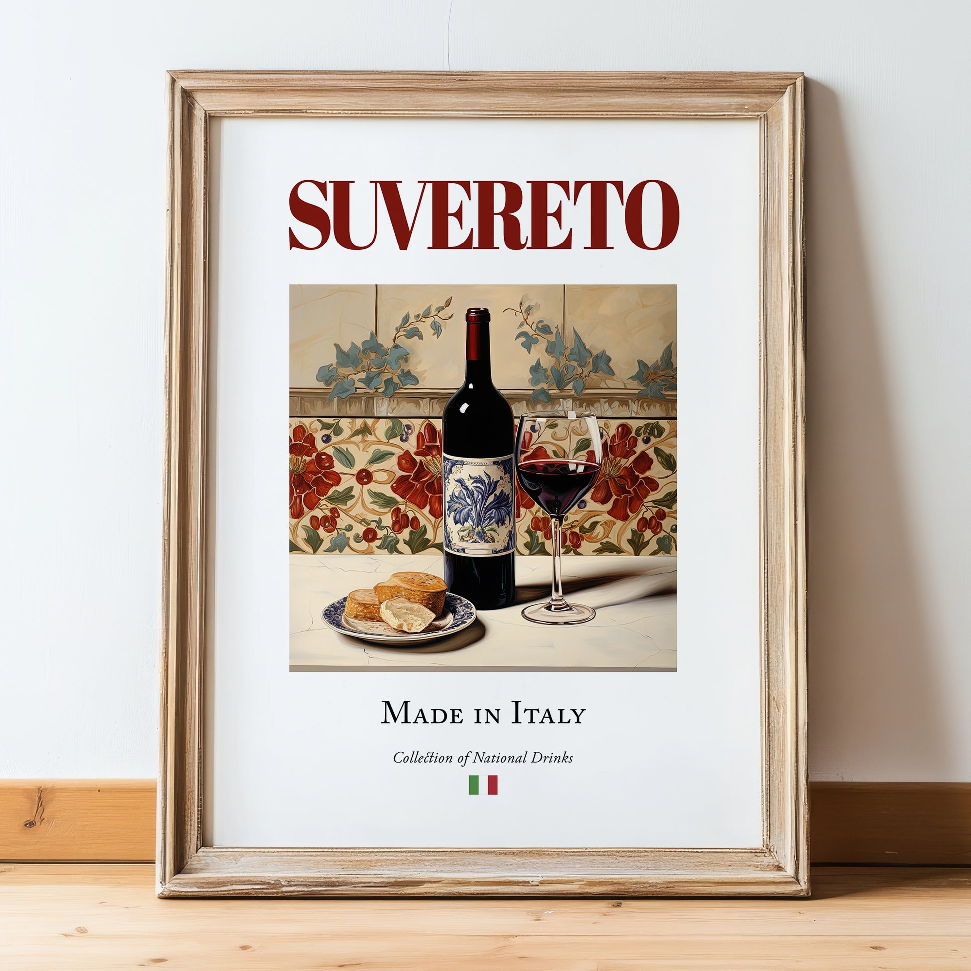 Suvereto – Italian Red Wine, Bodega Wall Decor, in wooden frame leaning on the floor