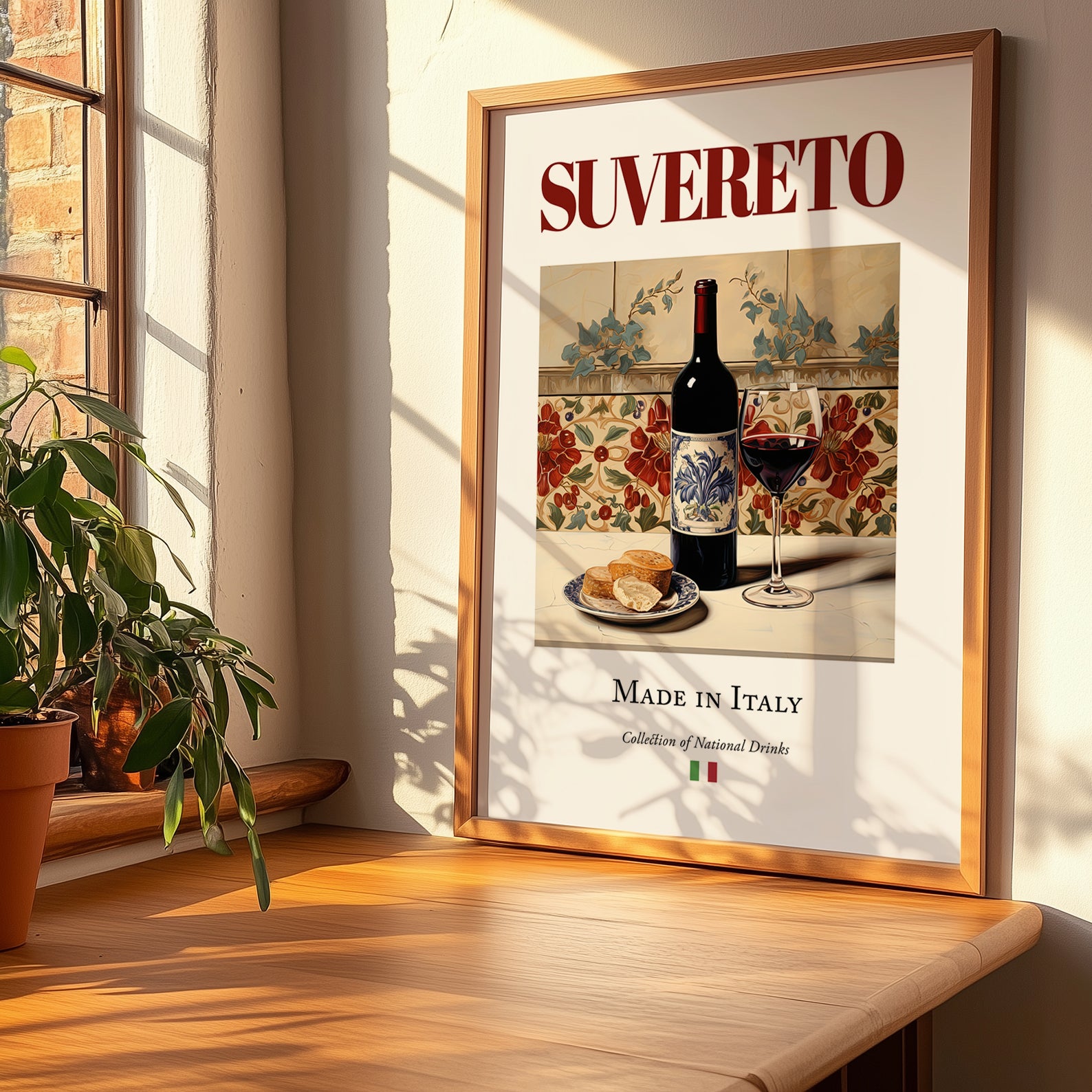 Suvereto – Italian Red Wine, Bodega Wall Decor, no-text version framed in wood