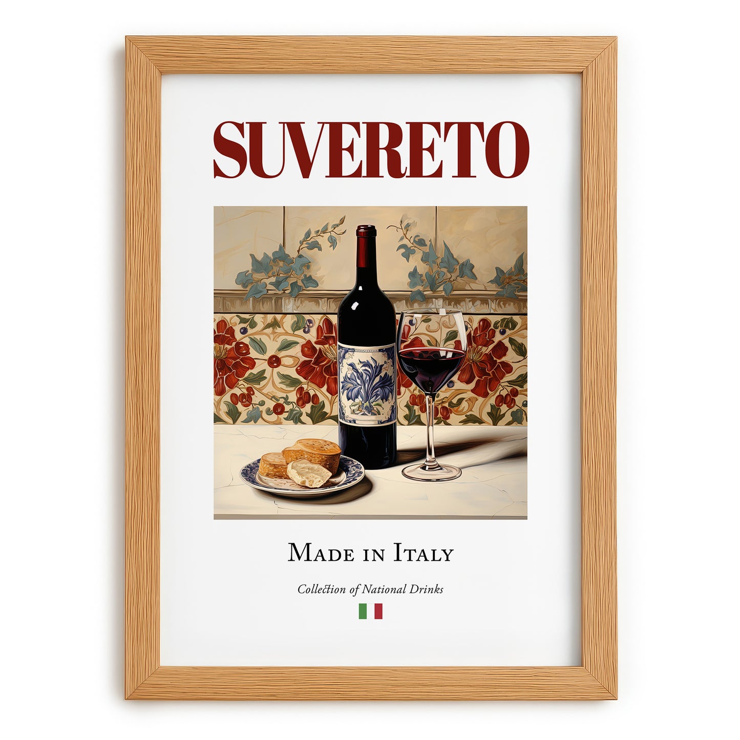 Suvereto – Italian Red Wine, Bodega Wall Decor, set in oak frame