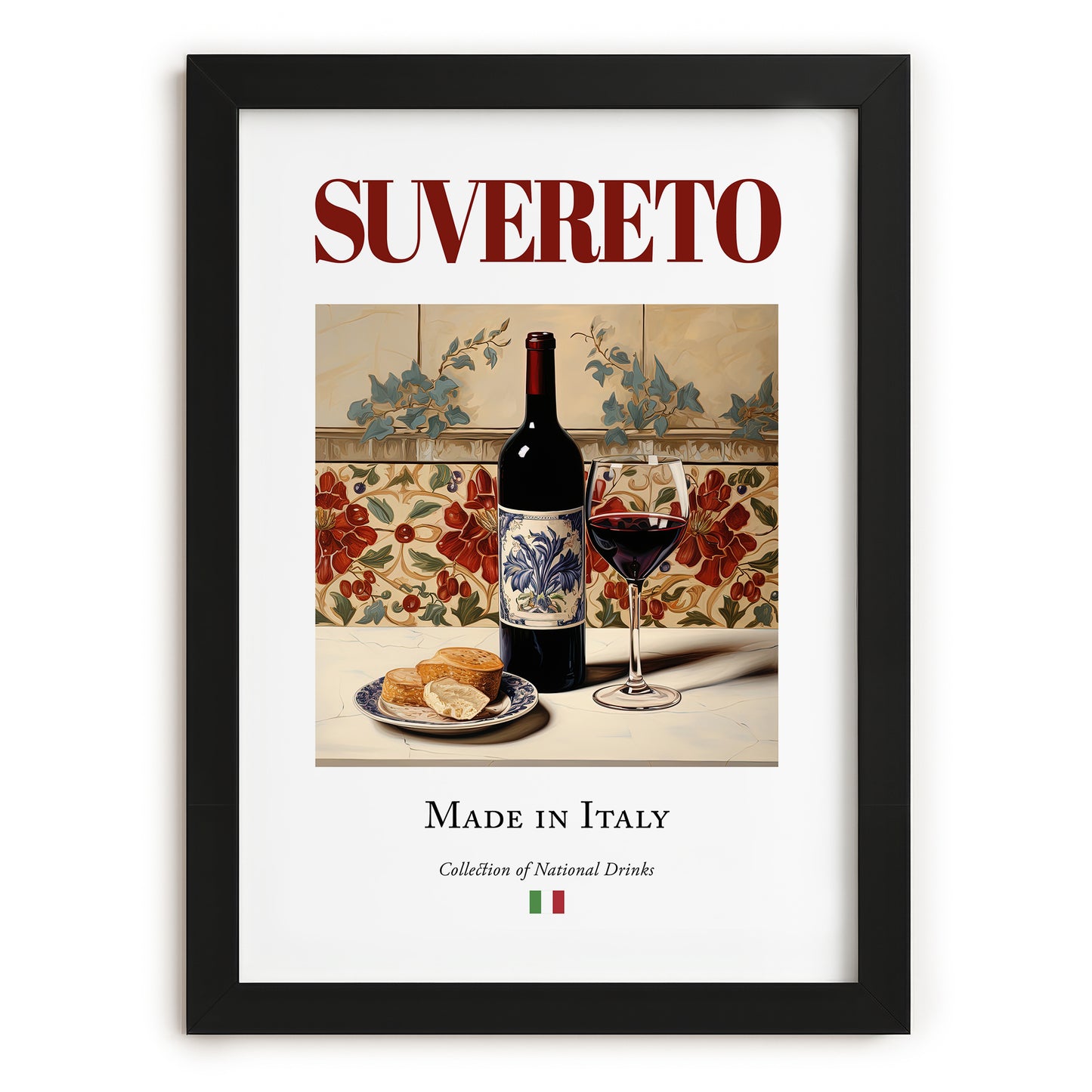 Suvereto – Italian Red Wine, Bodega Wall Decor, in sleek black frame