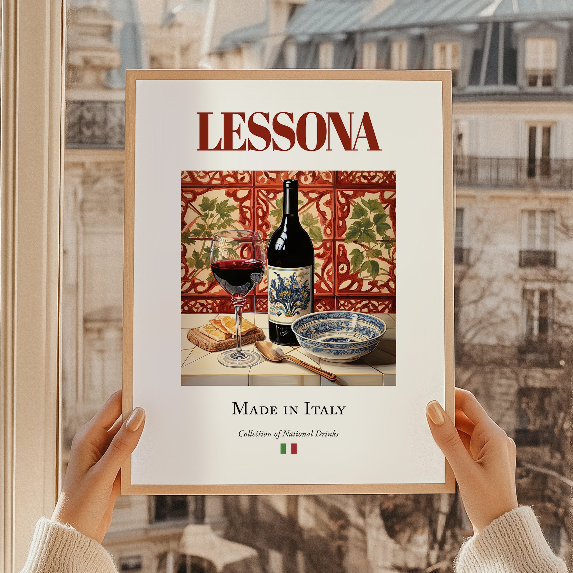 Lessona – Italian Red Wine, Bodega Poster, styled in a charming Paris street view