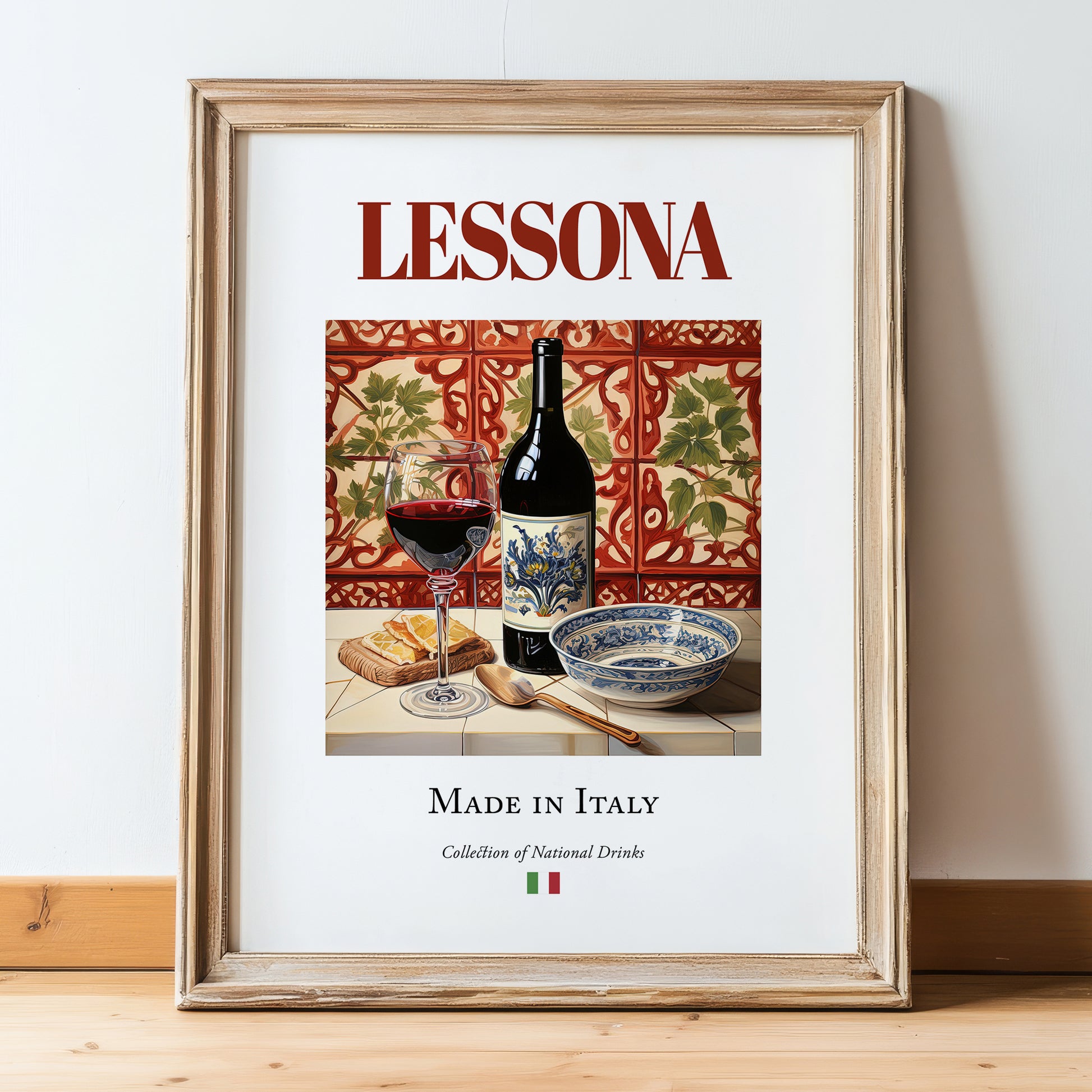 Lessona – Italian Red Wine, Bodega Poster, in wooden frame leaning on the floor