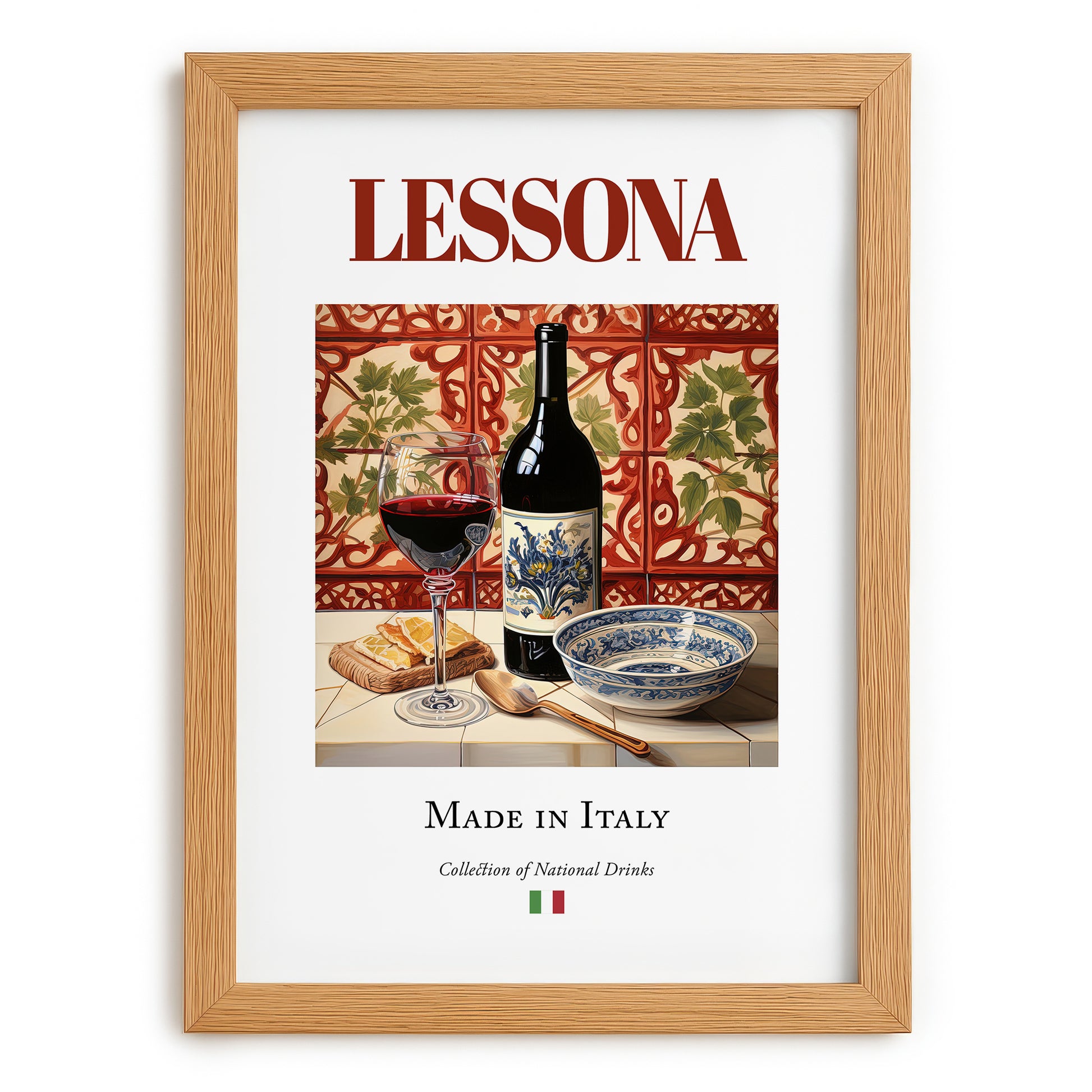 Lessona – Italian Red Wine, Bodega Poster, set in oak frame