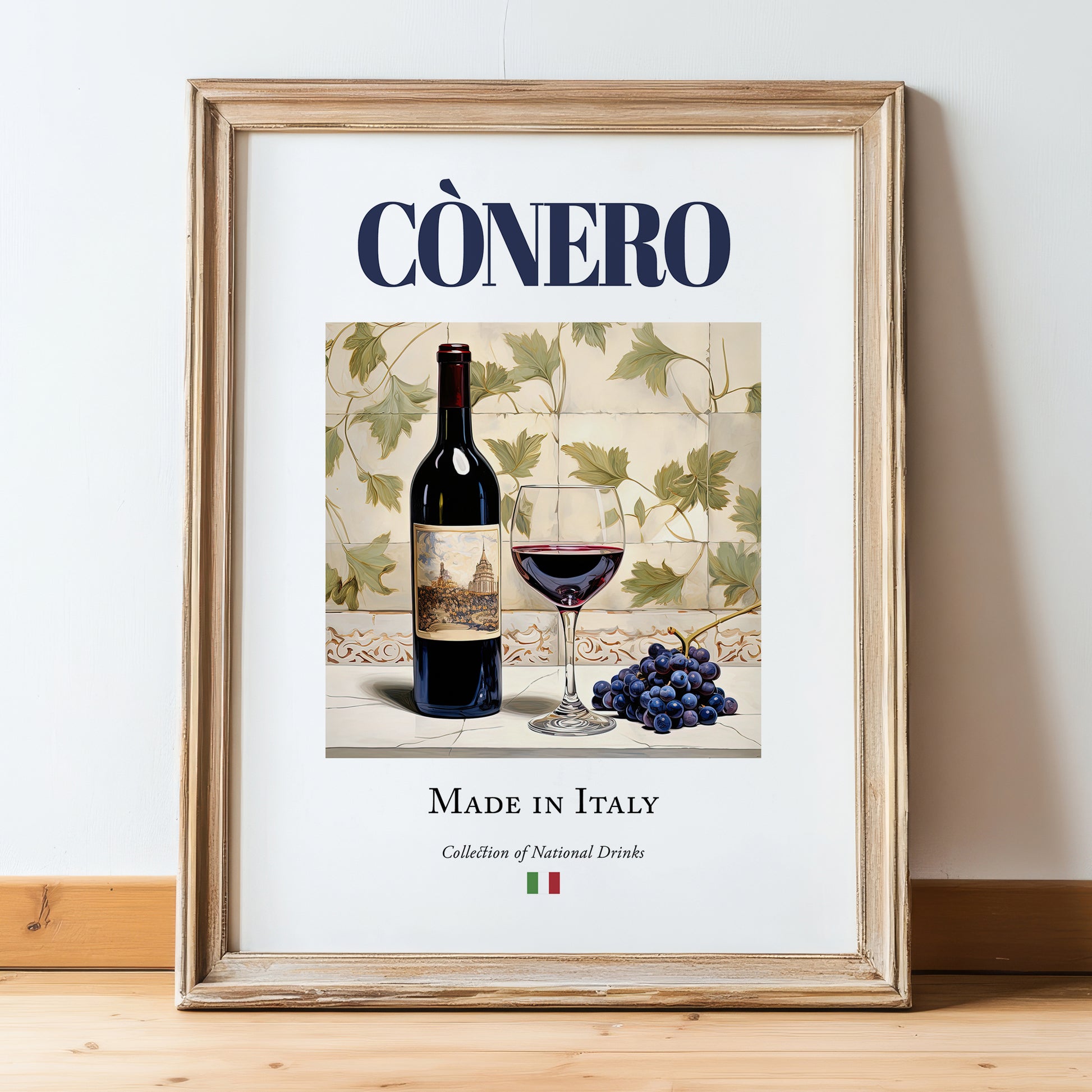 Cònero – Italian Red Wine, Vineyard Terrace Wall Decor, in wooden frame leaning on the floor