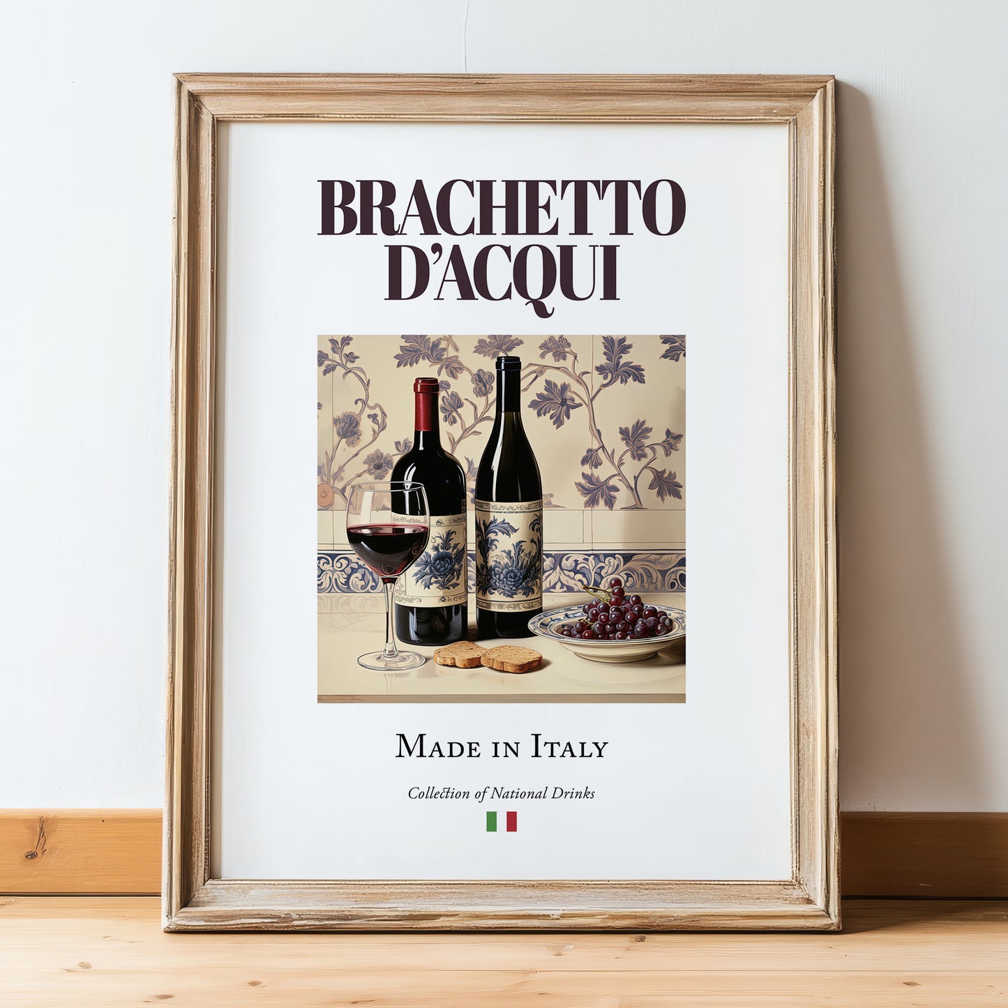 Brachetto d’Acqui – Italian Red Wine, Vineyard Terrace Illustration, in wooden frame leaning on the floor