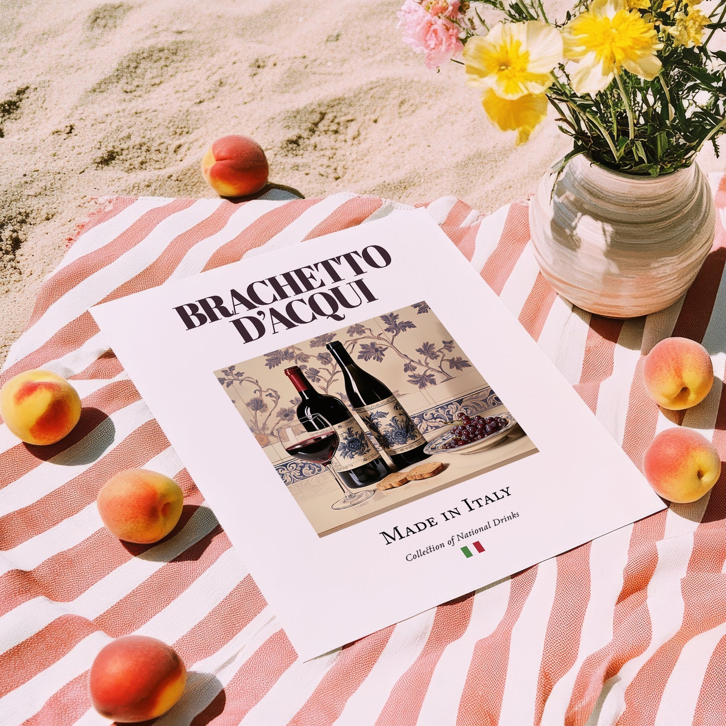 Brachetto d’Acqui – Italian Red Wine, Vineyard Terrace Illustration, unframed on coastal sand
