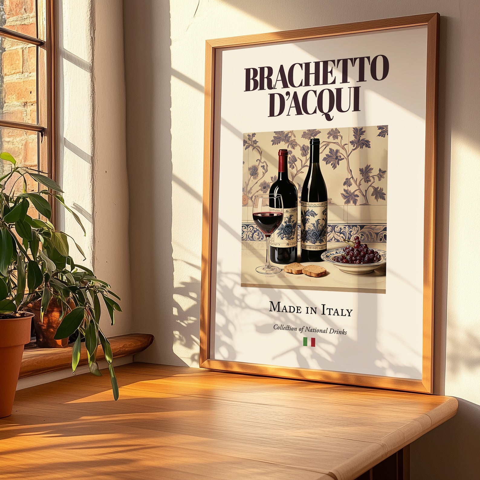 Brachetto d’Acqui – Italian Red Wine, Vineyard Terrace Illustration, no-text version framed in wood