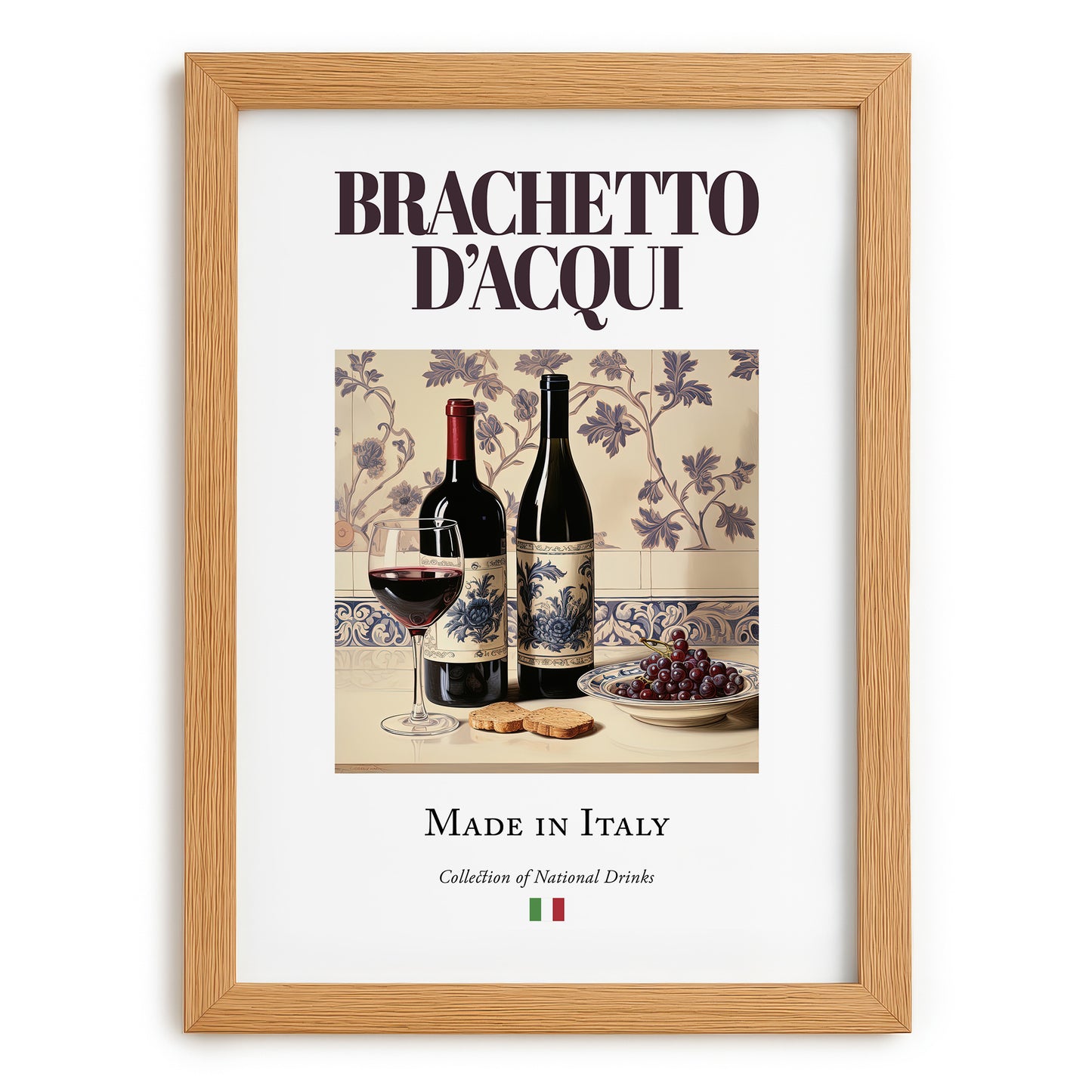 Brachetto d’Acqui – Italian Red Wine, Vineyard Terrace Illustration, set in oak frame