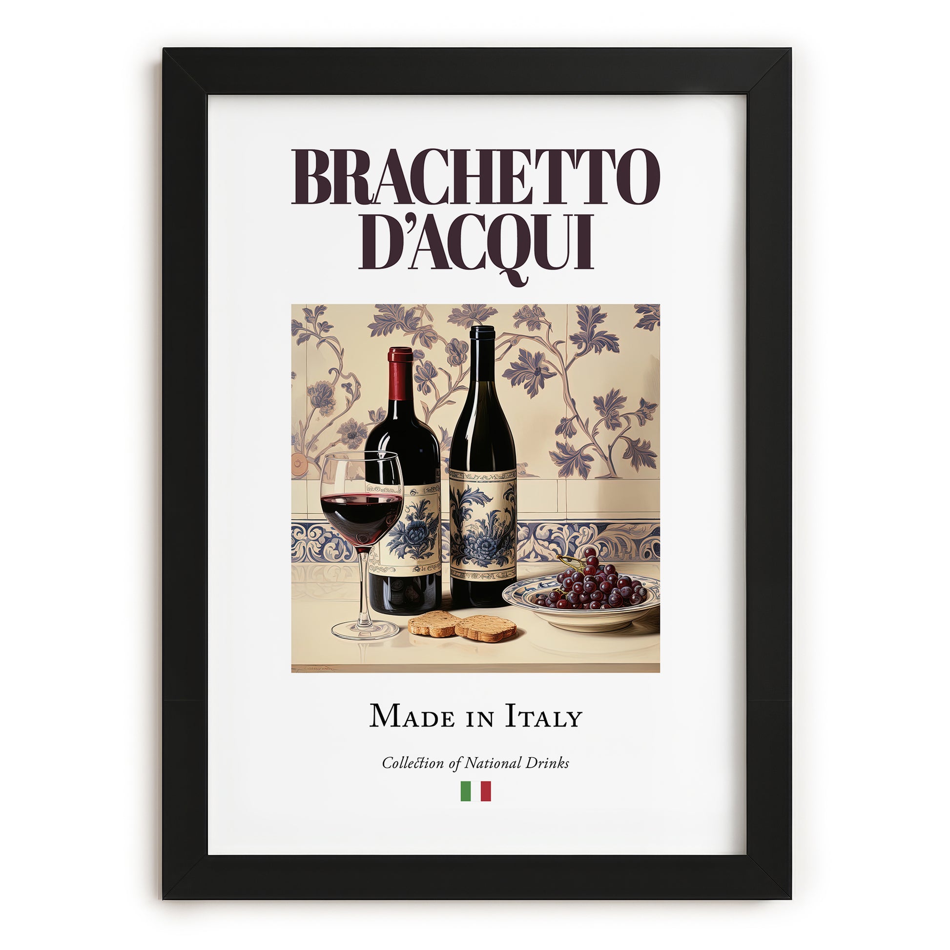 Brachetto d’Acqui – Italian Red Wine, Vineyard Terrace Illustration, in sleek black frame